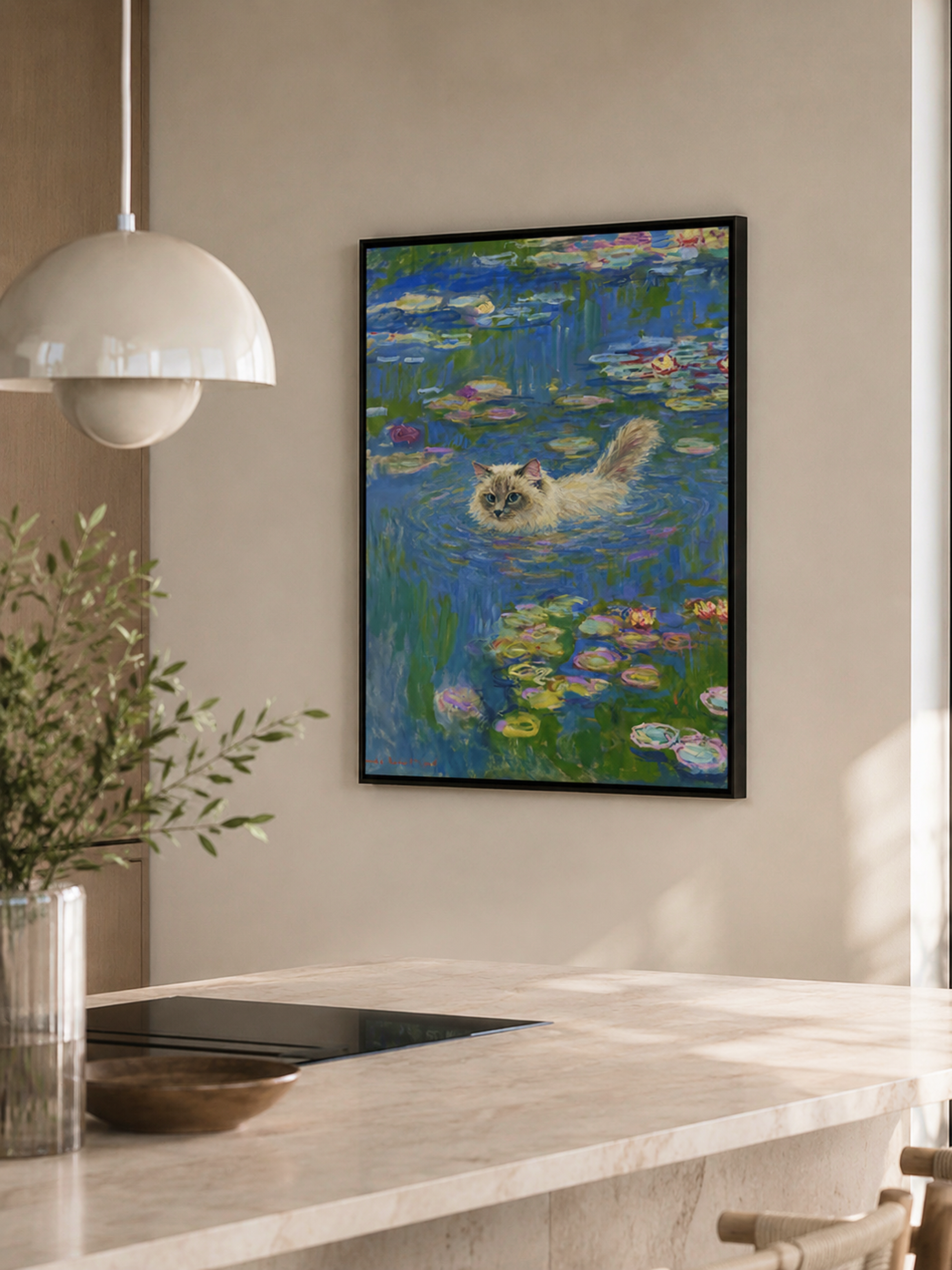 Custom impressionist cat portrait printed on framed canvas in a water lily scene in the kitchen or dining room