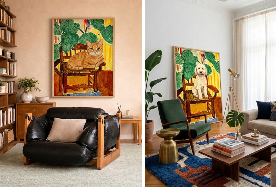 Custom impressionist pet portrait of a golden retriever as oversized wall art in a bright modern living room with white walls and wood floors