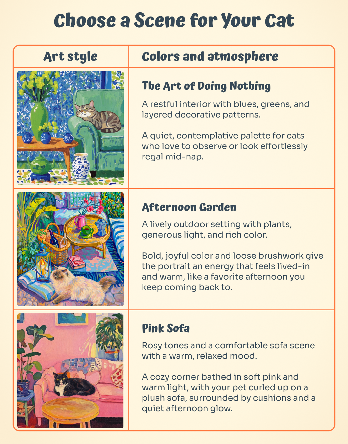 Three custom cat portrait styles with different colors and moods to help choose a scene for your cat.