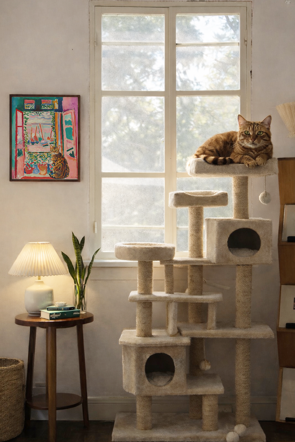 cat tree by the window paired with cat wall art creating a stylish cat lover home decor