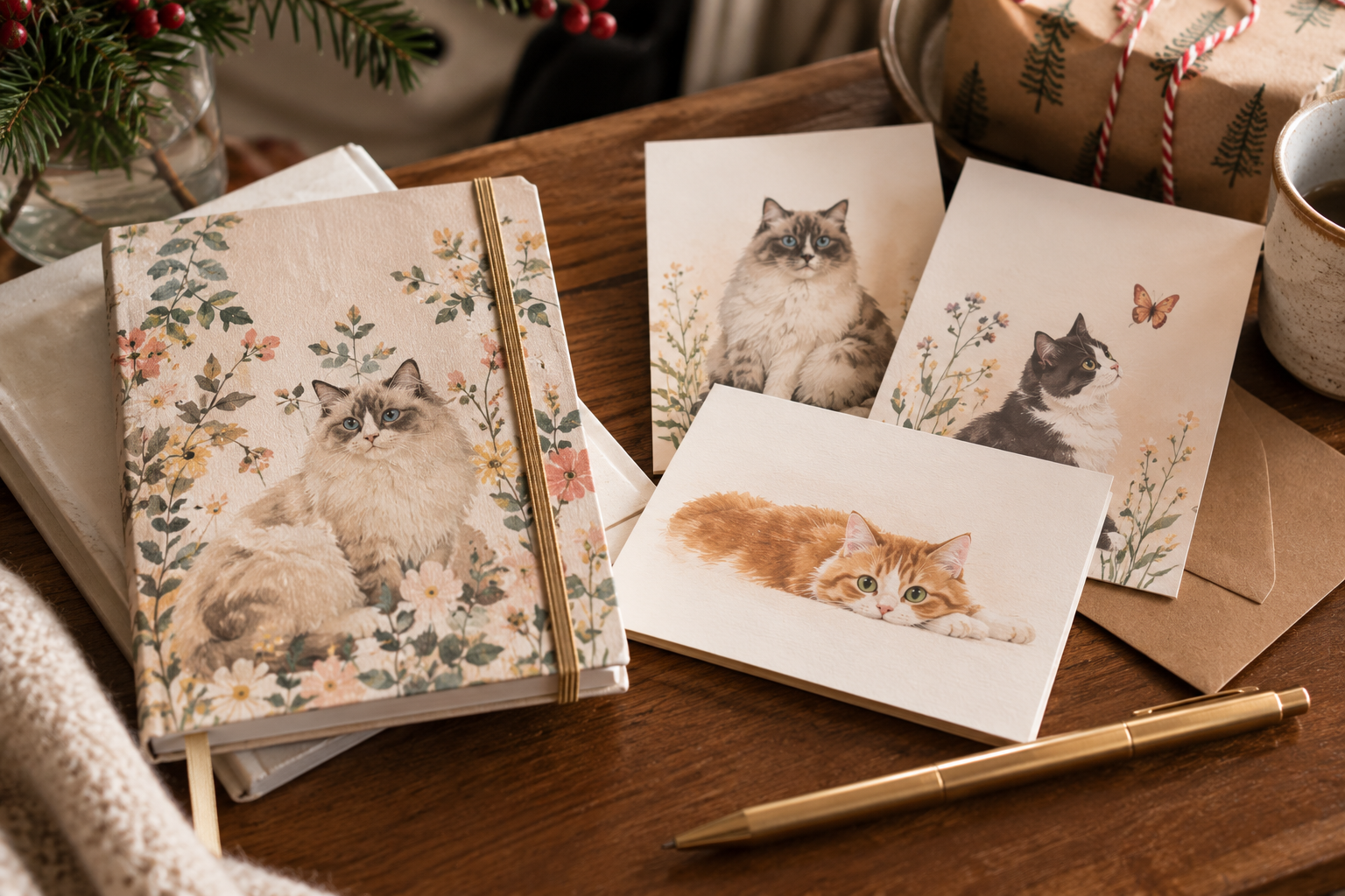 Cat-themed illustrated stationery, including a floral notebook and notecards, arranged as a thoughtful holiday gift for cat lovers.