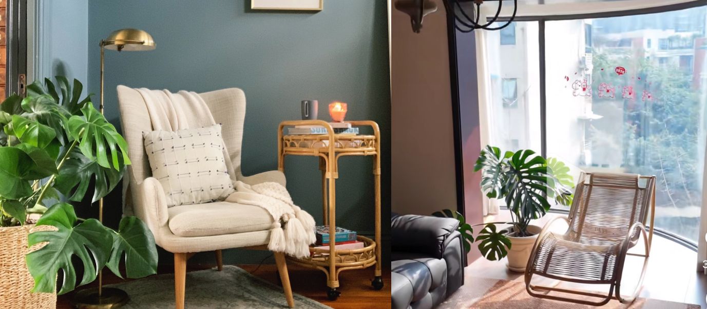 Two cozy reading corners featuring a wingback chair and a rattan lounge chair — the kind of domestic scenes that inspire The Good Chair style
