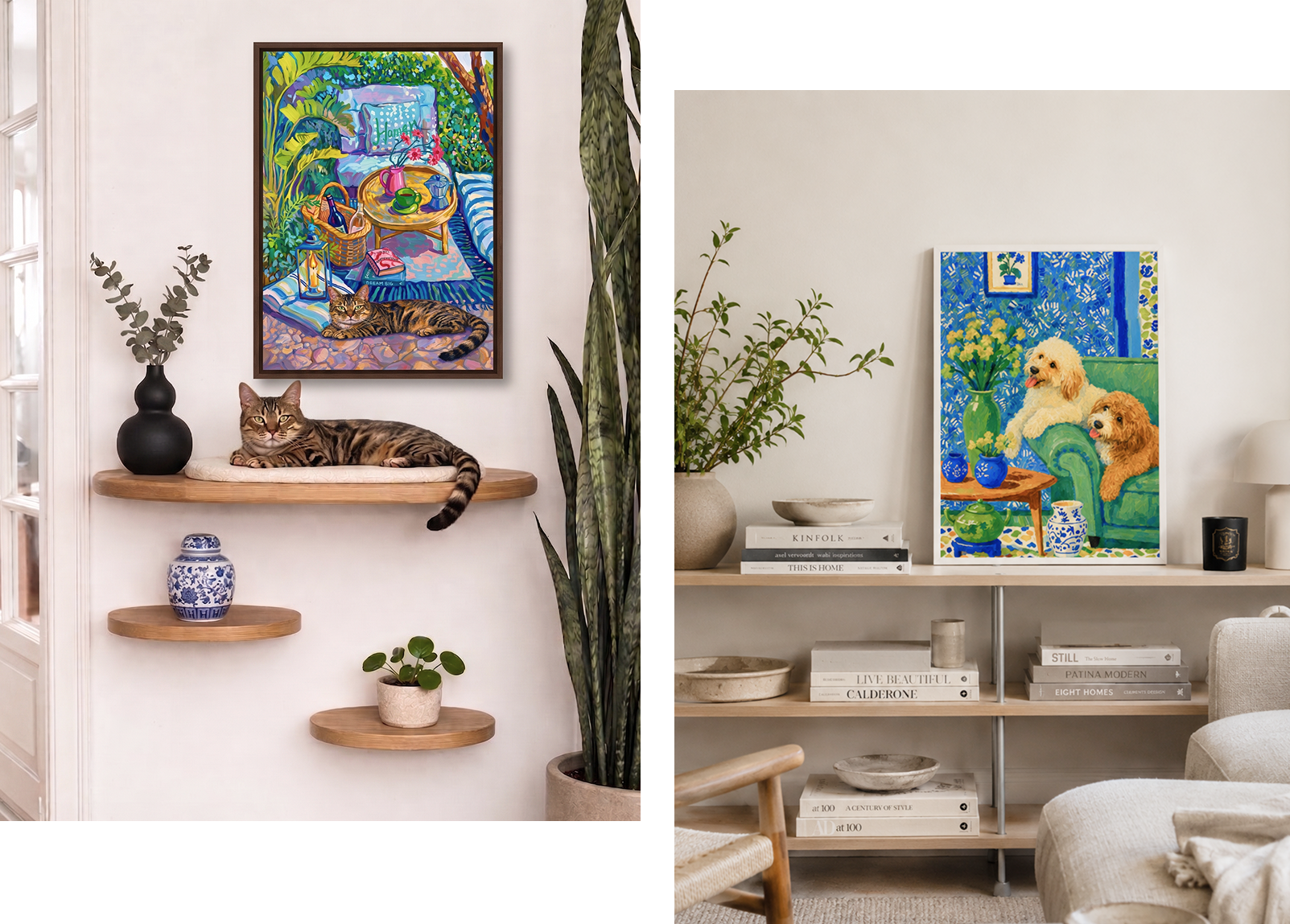 Afternoon Garden framed cat artwork hung above floating shelves with a real cat lounging below
