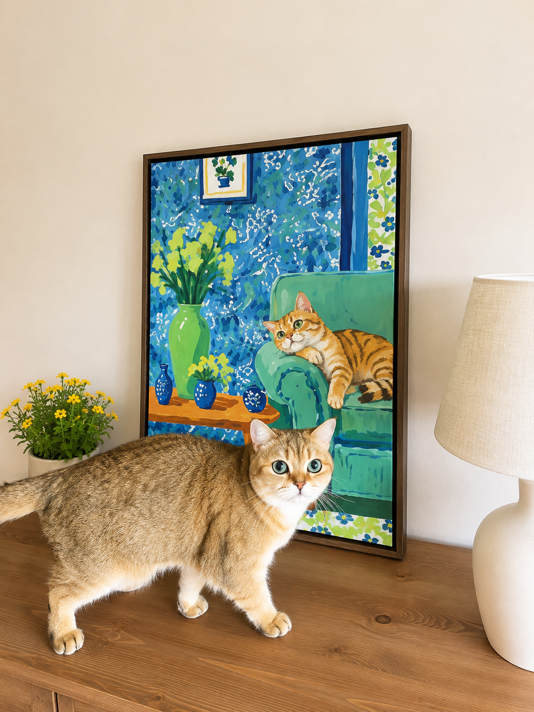 Cat beside a framed custom pet portrait in The Art of Doing Nothing style