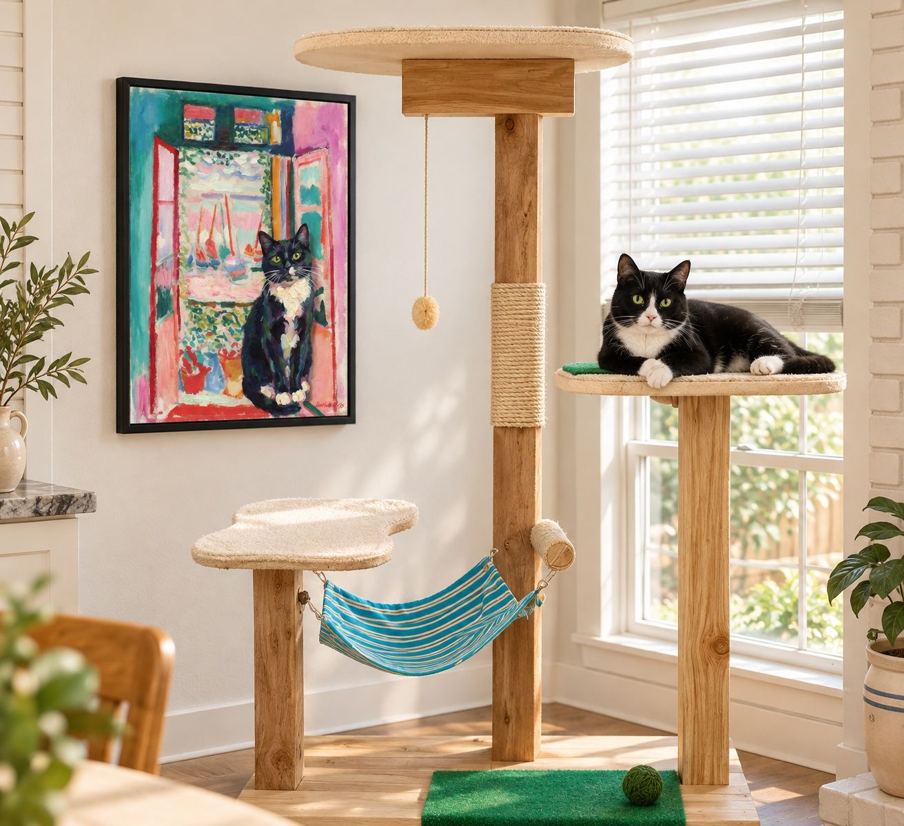 Black and white cat relaxing on a cat tree beside a framed custom cat portrait in a colorful open-window scene.