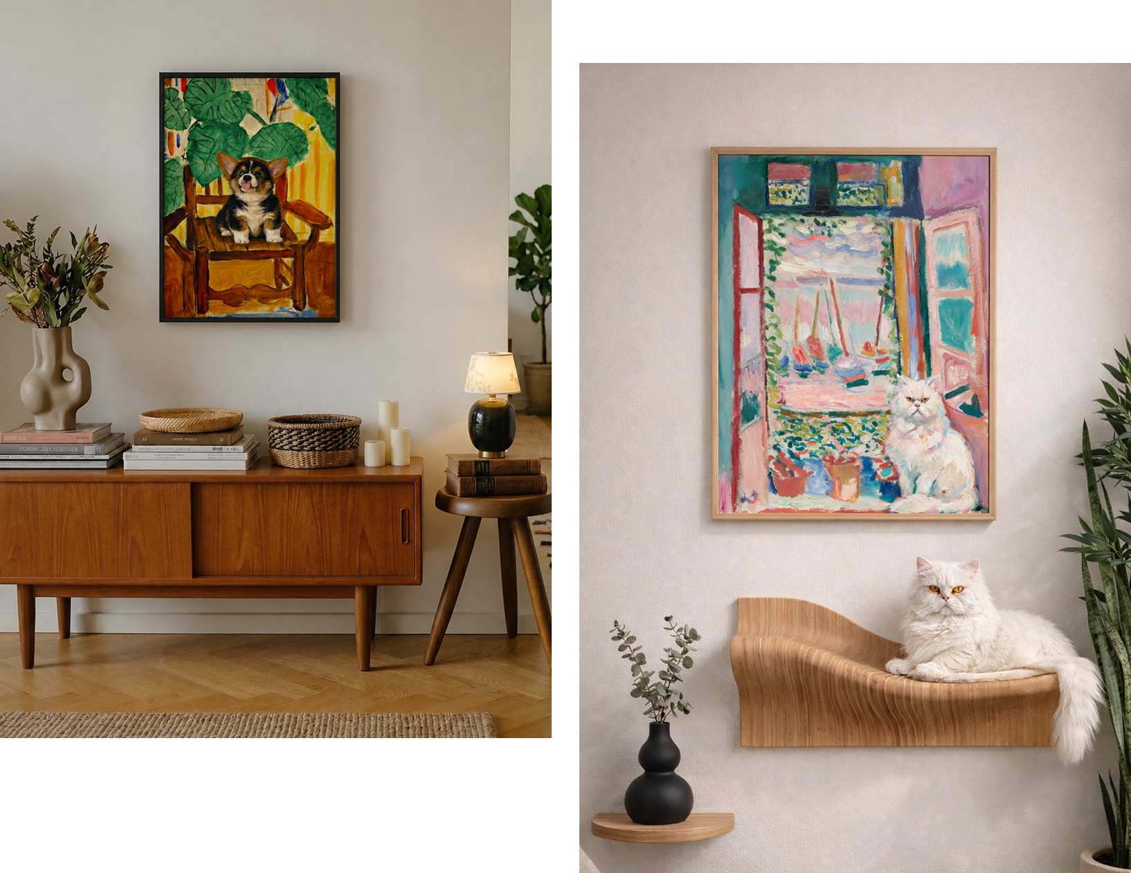 The Good Chair and Open Balcony pet artwork styled as living room wall art above wood furniture