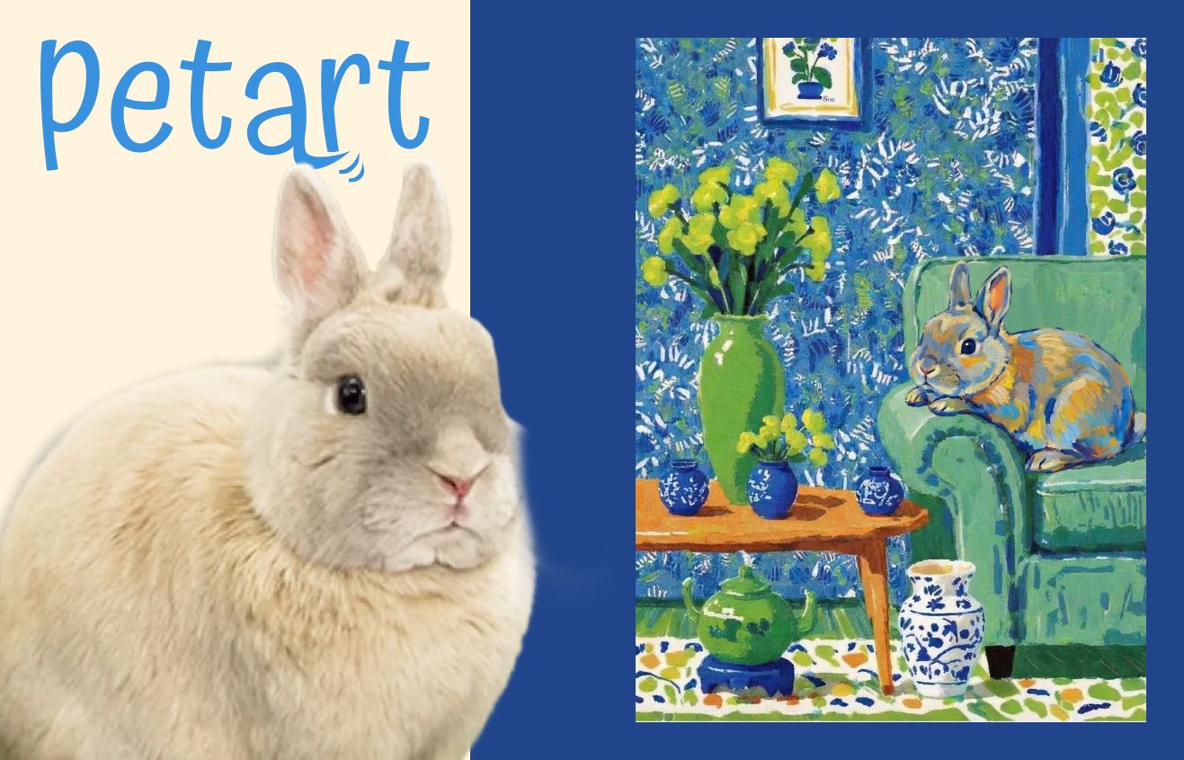 A custom impressionist portrait of a bunny resting on a green sofa with blue botanical wallpaper, shown next to a photo of the real rabbit