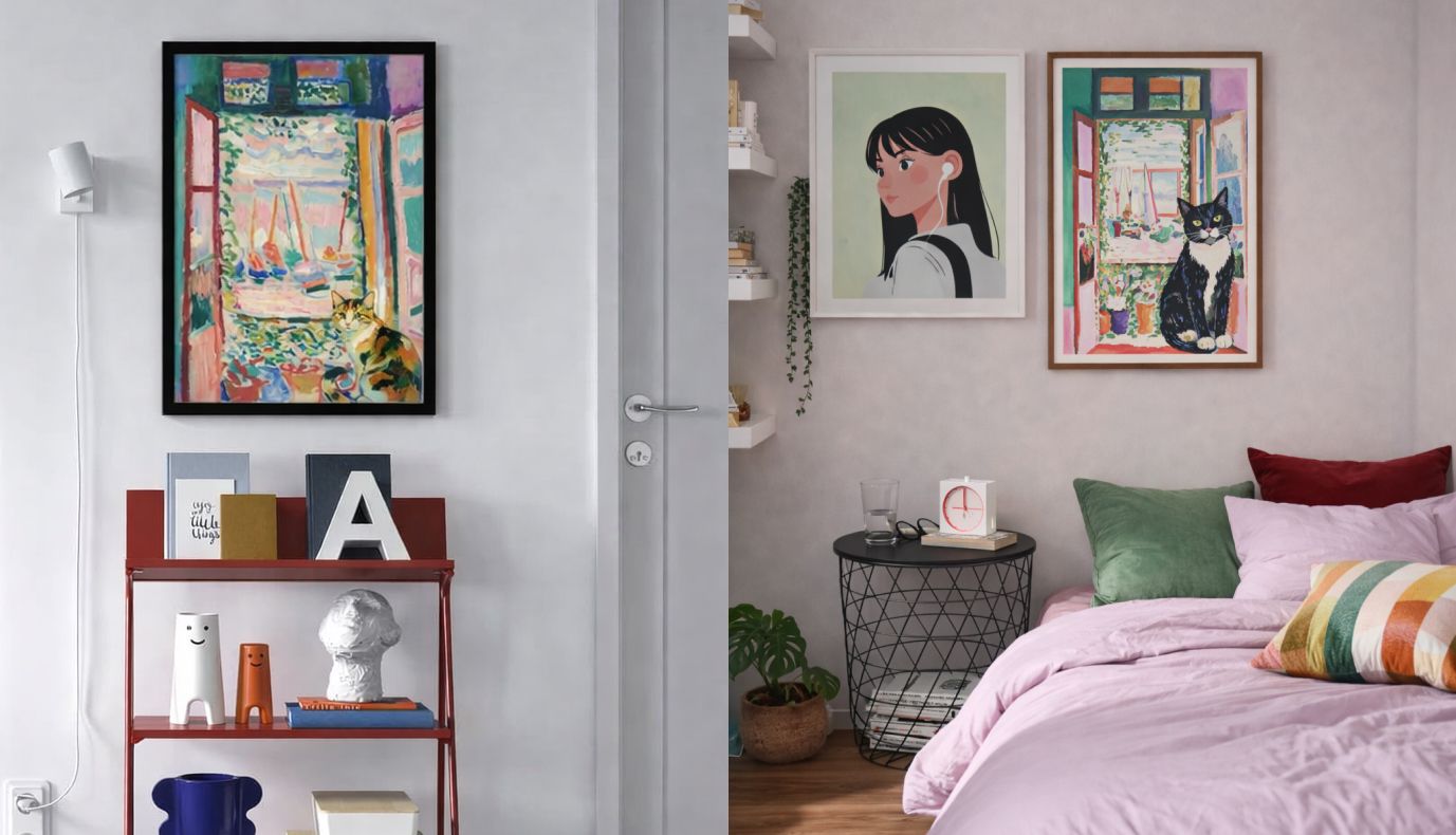 Open Balcony impressionist pet portrait with Mediterranean pink and terracotta palette displayed as framed wall art in a bright interior