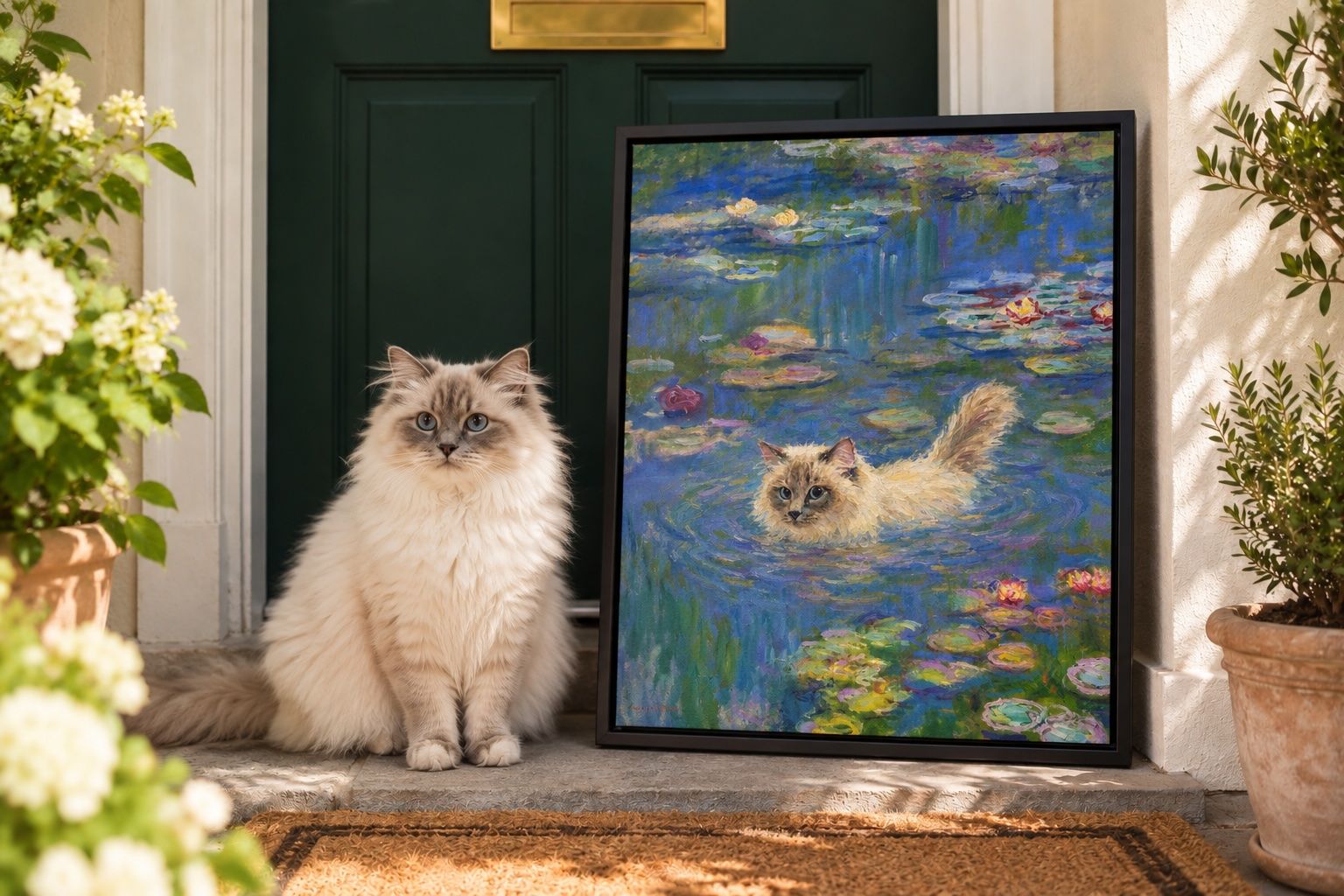 Fluffy cat sitting beside a framed custom cat portrait in a Water Lilies-inspired scene.