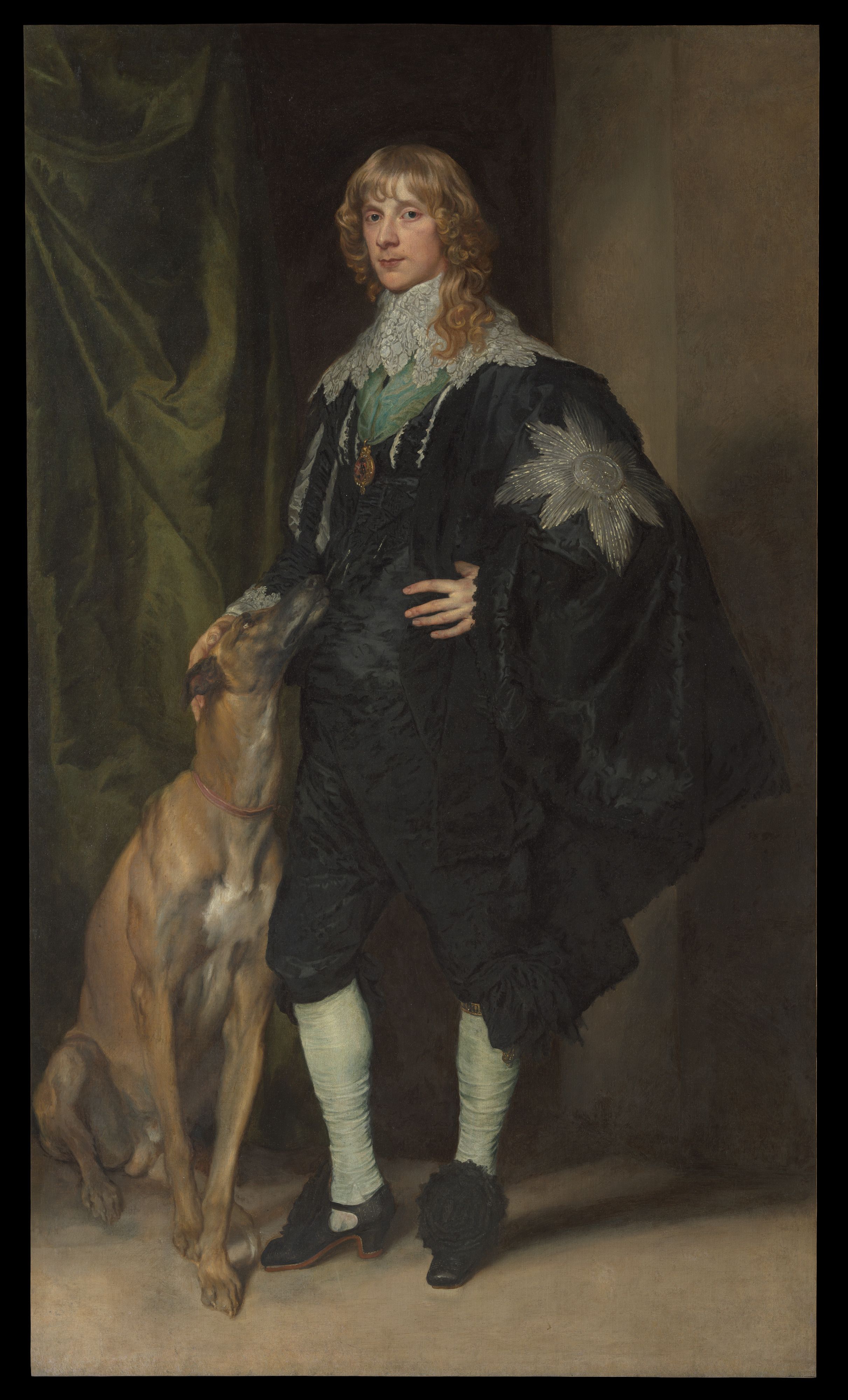Anthony van Dyck’s portrait of James Stuart, Duke of Richmond and Lennox, standing beside a large dog looking up at him.