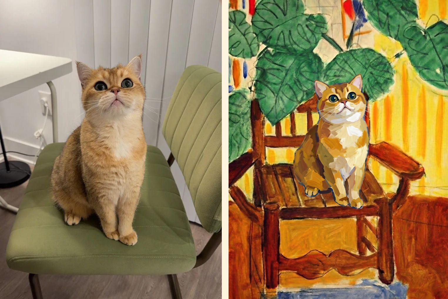 Golden cat sitting on a chair beside a custom cat portrait featuring the same pose in a colorful garden scene.