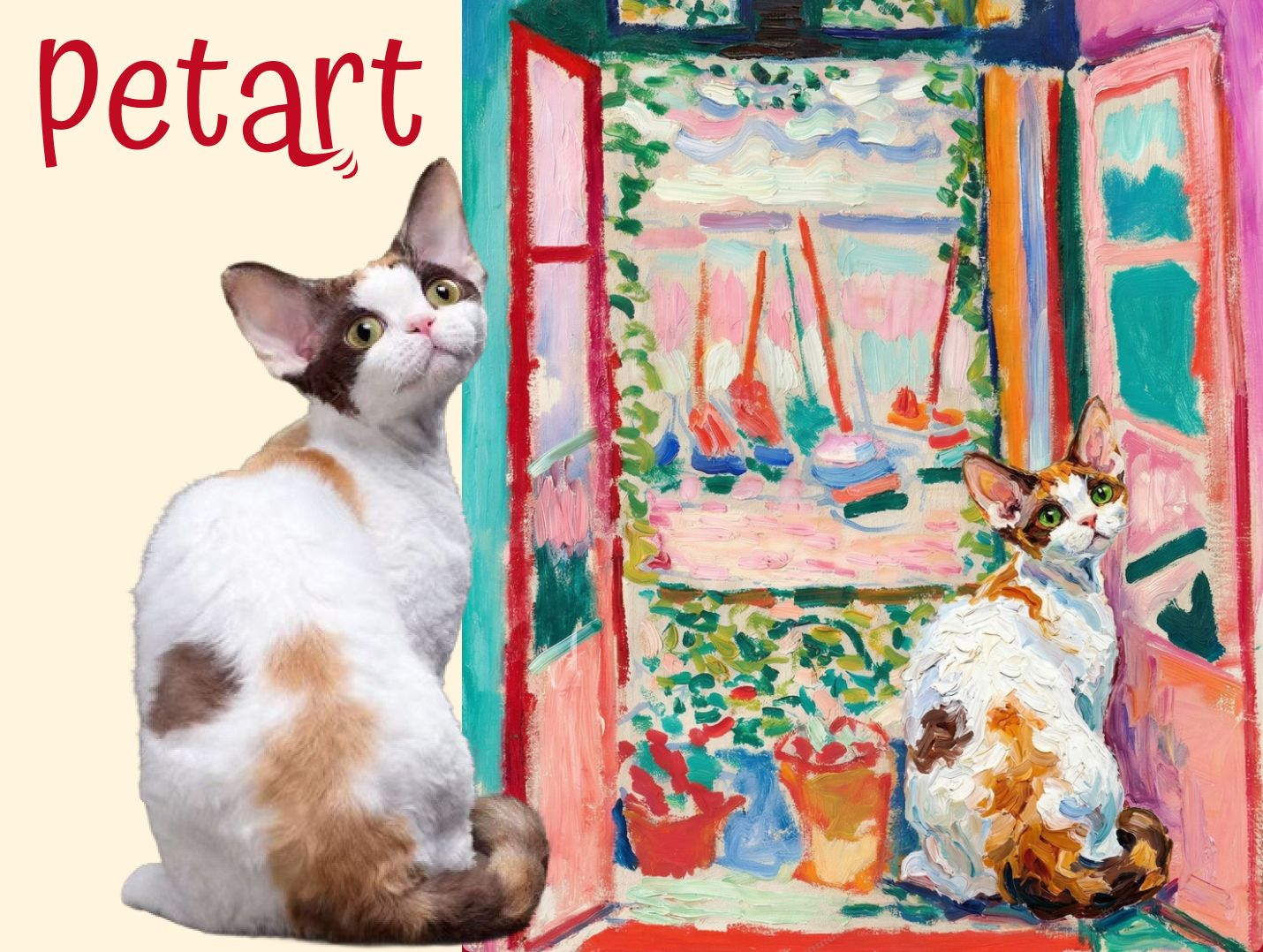 A calico cat painted in vibrant impressionist style, seated before an open window overlooking a sun-drenched harbour with sailboats — shown next to a photo of the real cat