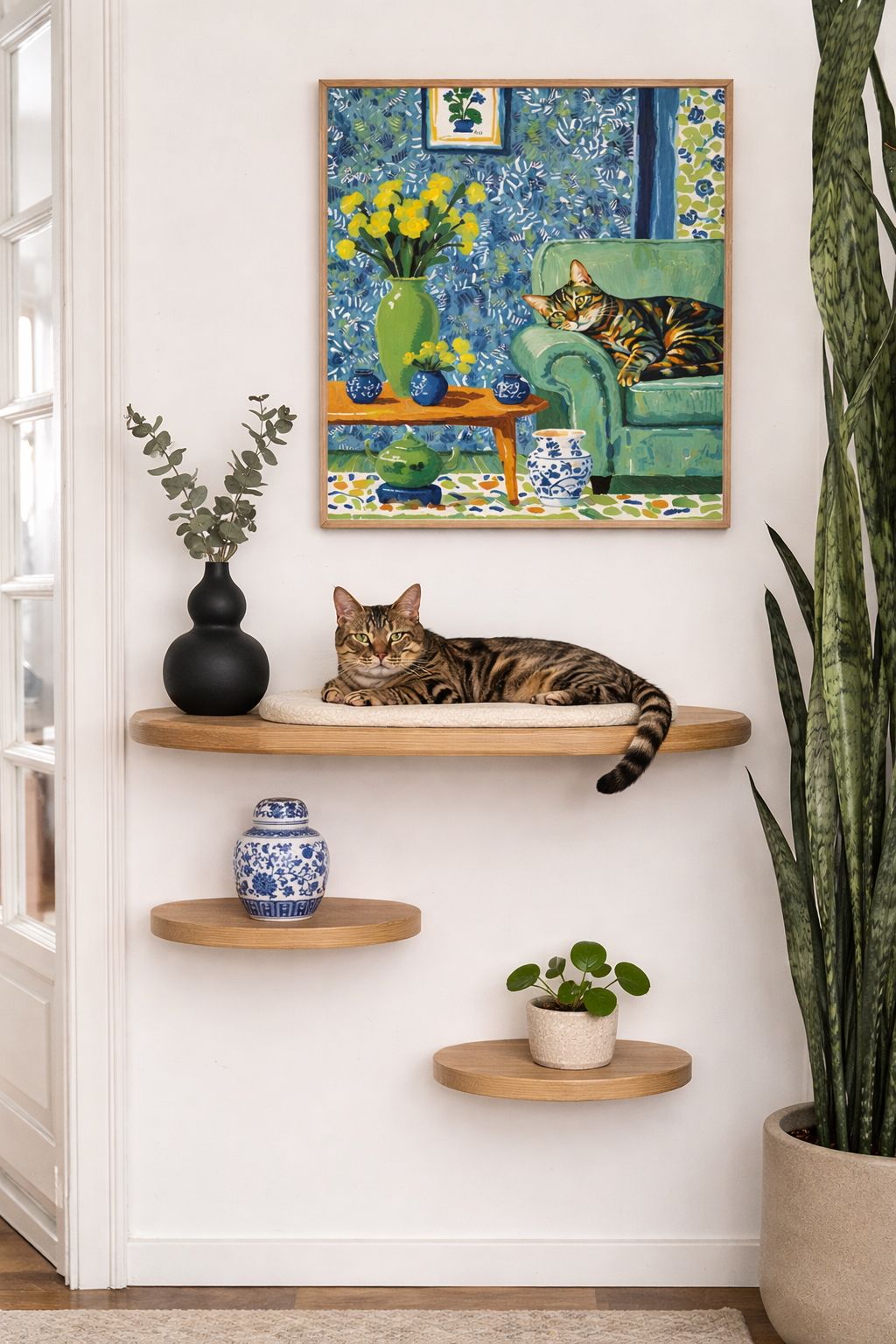 A custom impressionist oil painting cat portrait displayed on a living room wall, warm home decor, framed wall art gift for cat mom