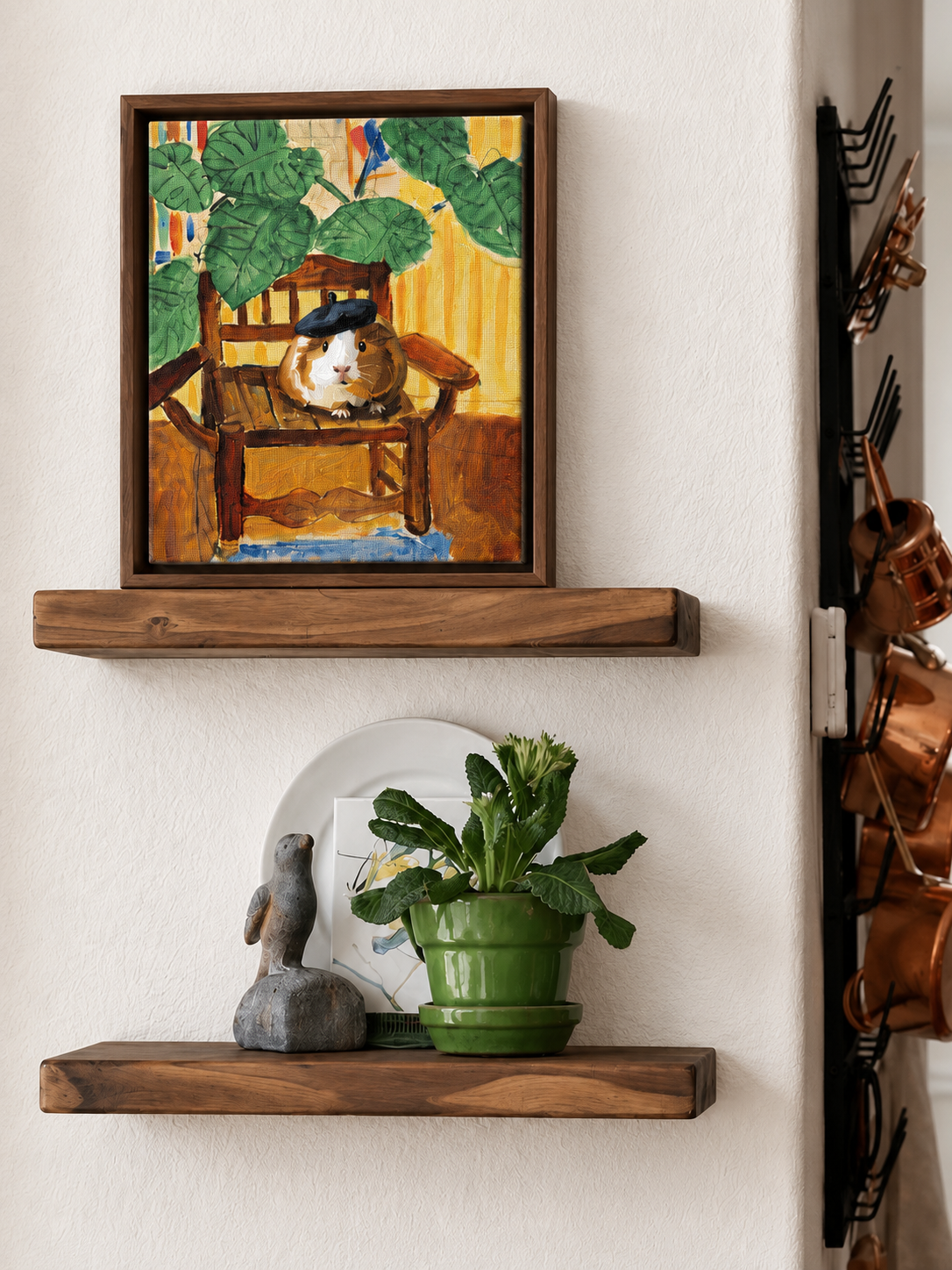 Framed custom guinea pig portrait displayed as impressionist wall art on wooden shelves
