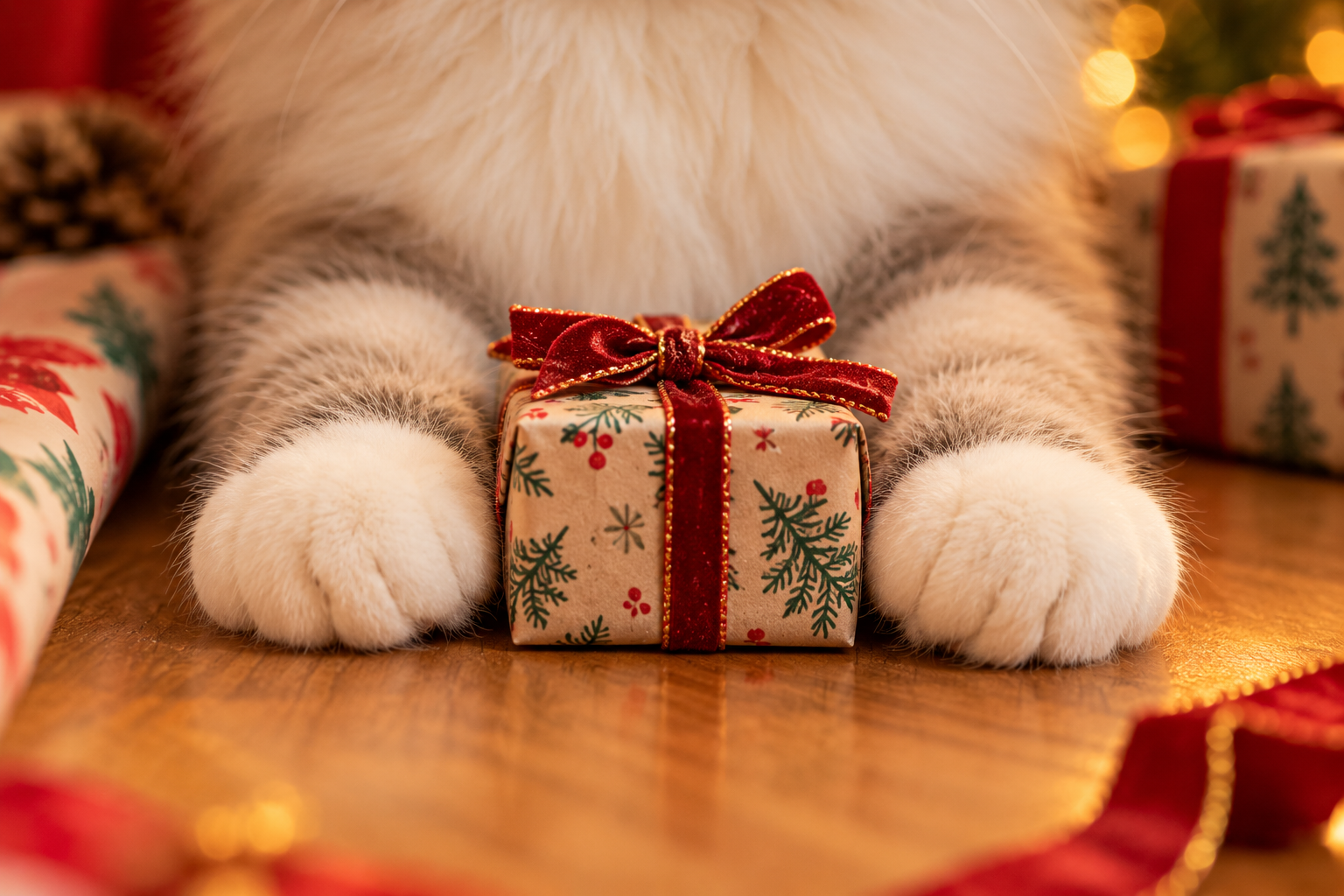 Fluffy cat paws around a small Christmas present, representing a thoughtful holiday gift for cat lovers.