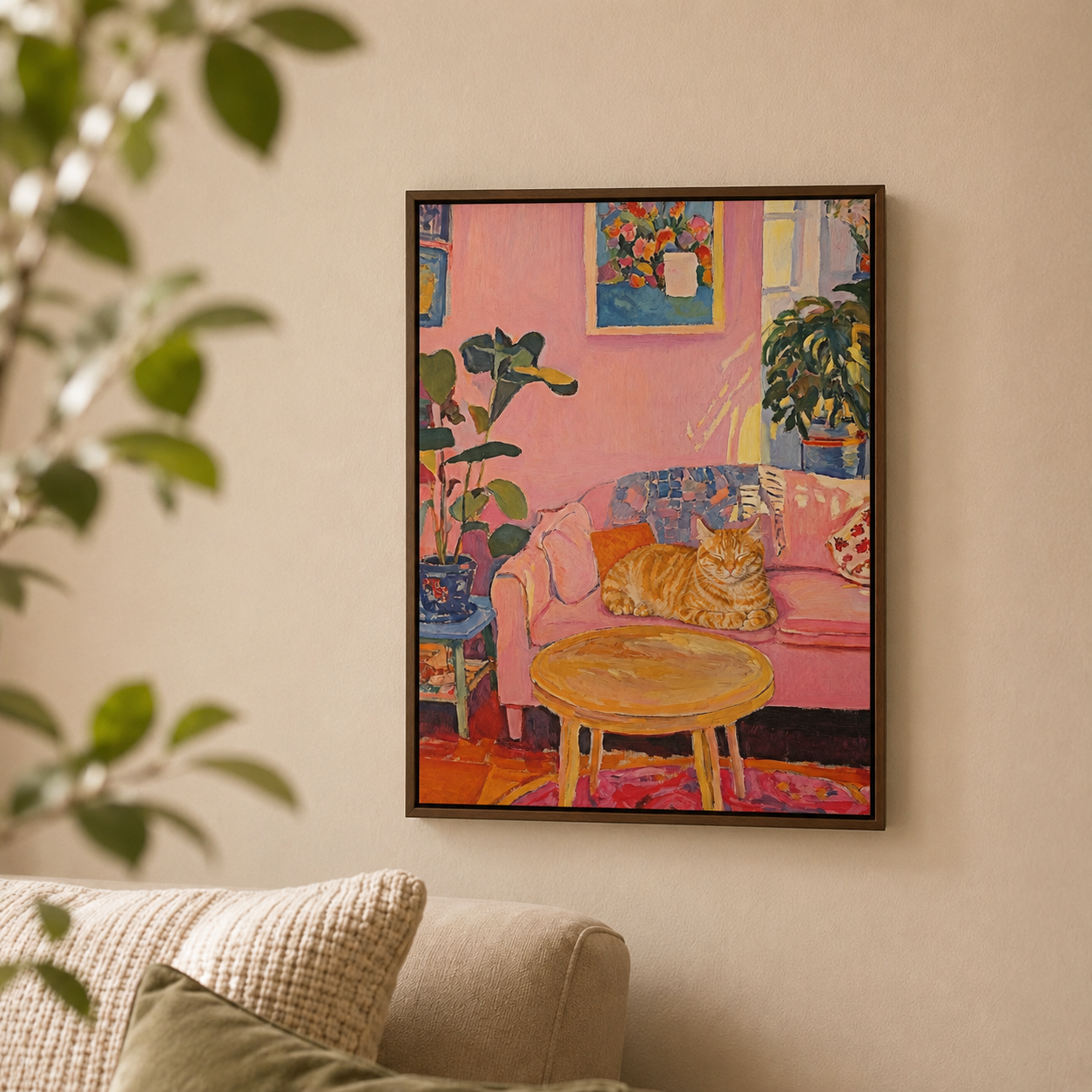 Pink Sofa framed cat artwork hung as living room wall art above a beige sofa and green plants