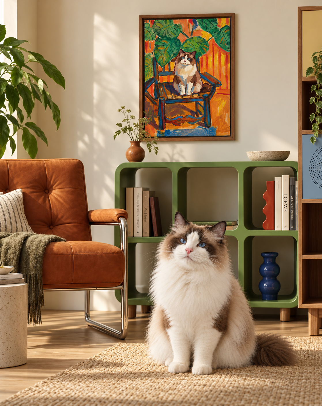 Ragdoll cat sitting at home beneath colorful custom cat artwork inspired by its portrait.