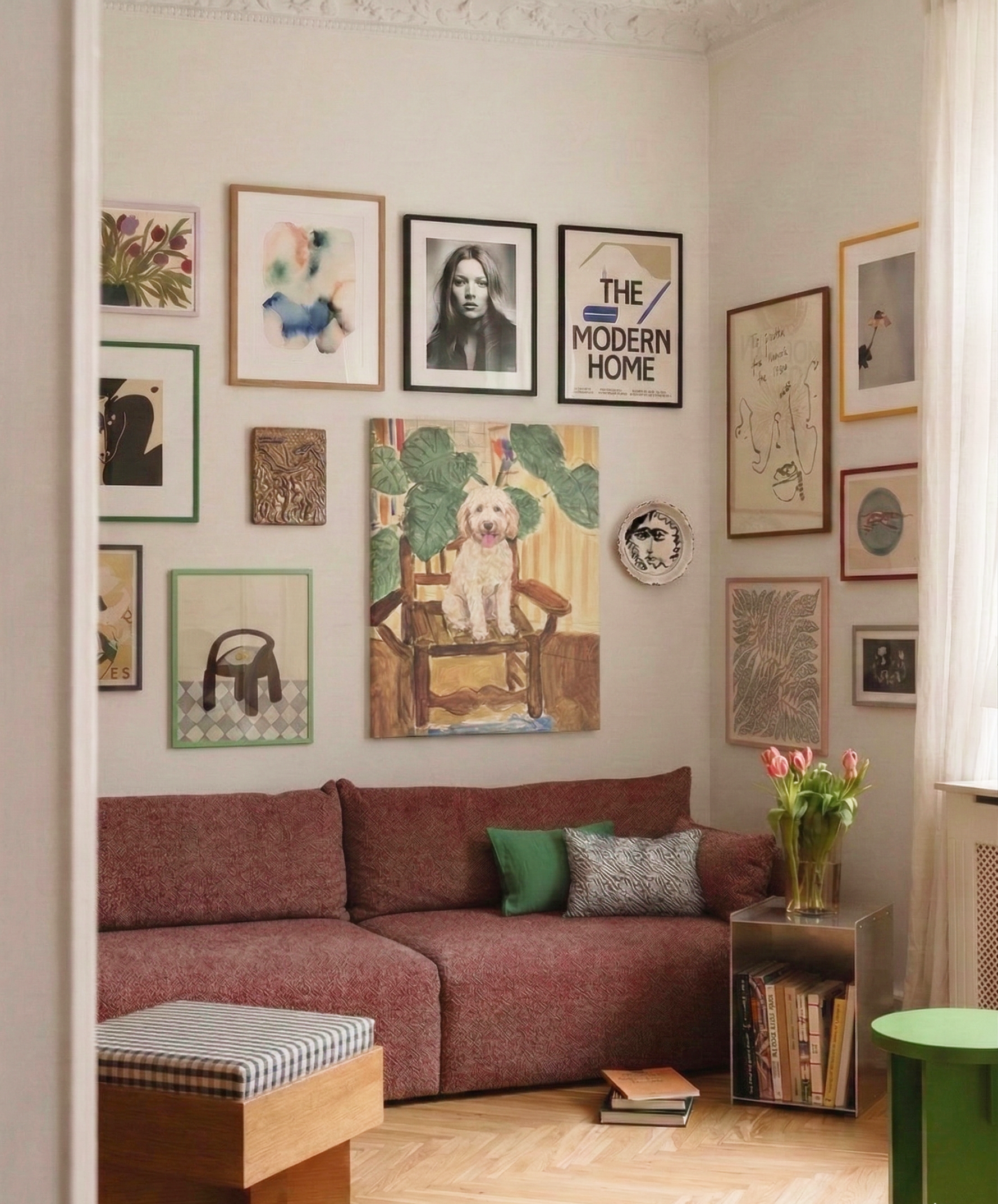 pet portrait included in modern gallery wall arrangement