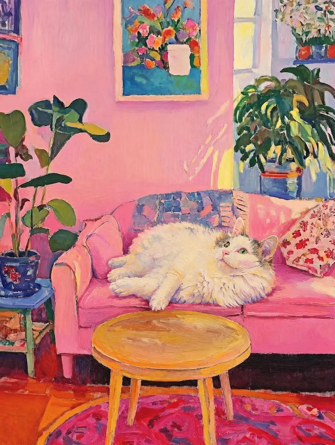 White cat relaxing on a pink sofa in colorful impressionist-style pet artwork