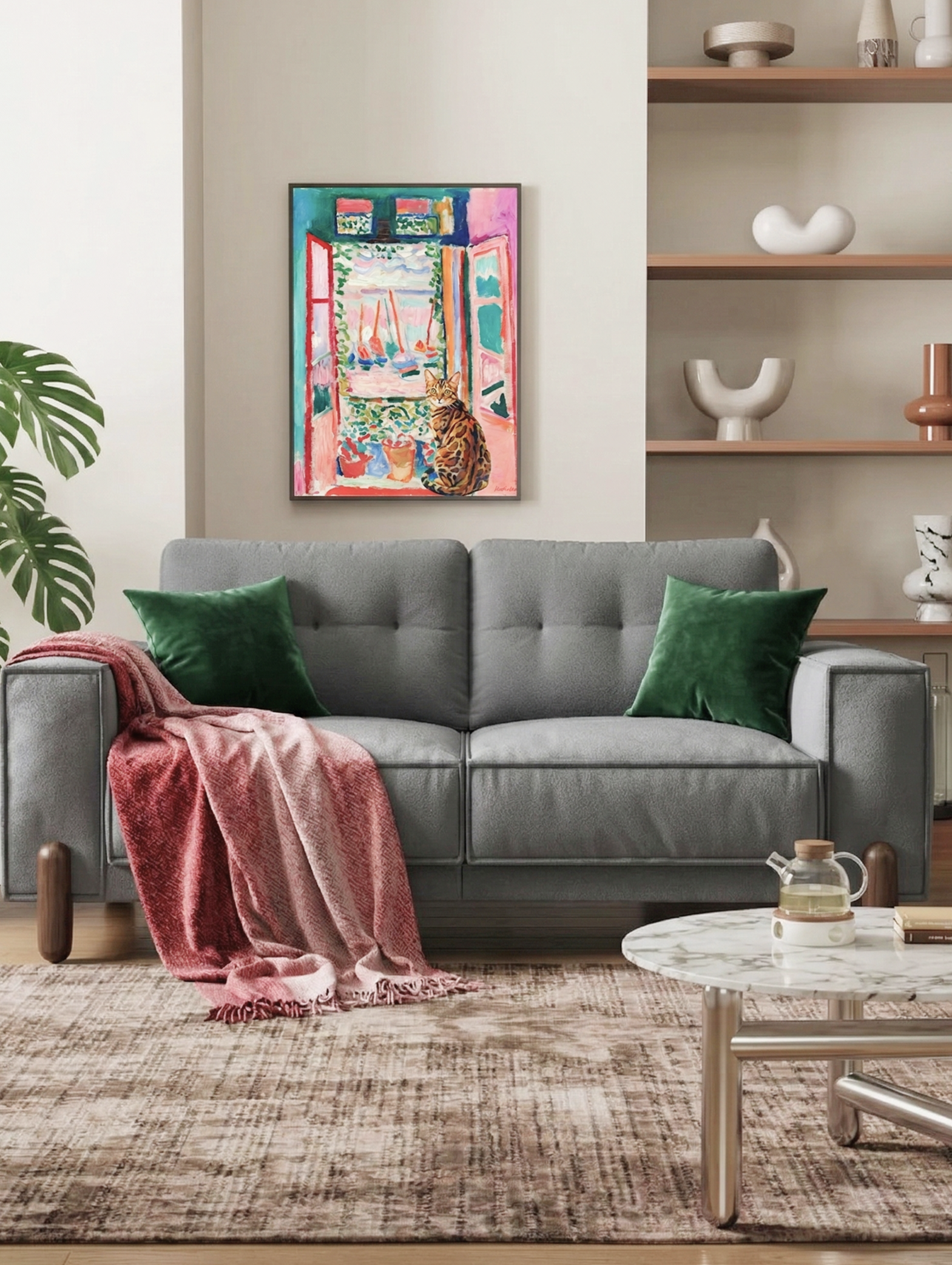 A pet portrait above the sofa can anchor the entire seating area.