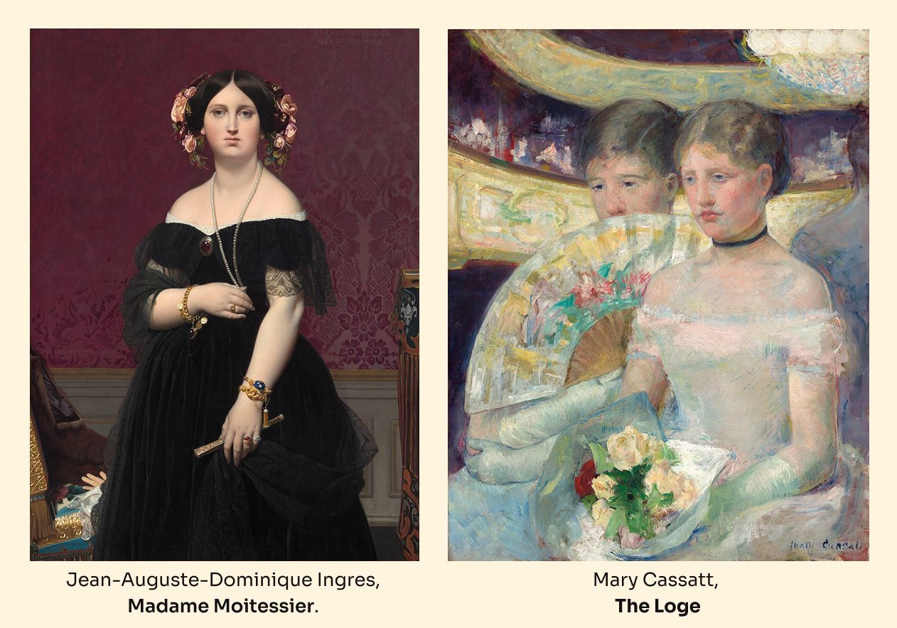 Side-by-side comparison of academic and impressionist portraiture — Ingres' Madame Moitessier on the left with precise photographic detail, and Mary Cassatt's The Loge on the right with loose, luminous brushstrokes