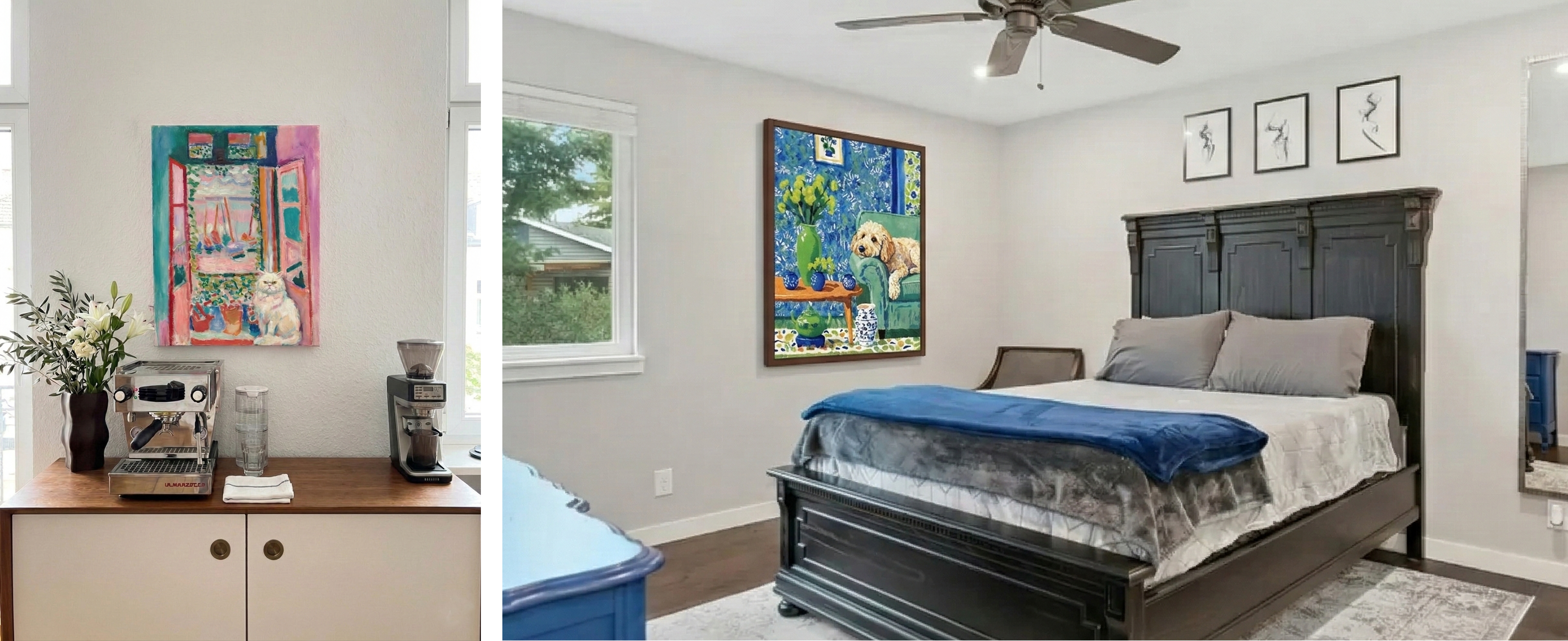 pet portrait styled in different modern living room color palettes