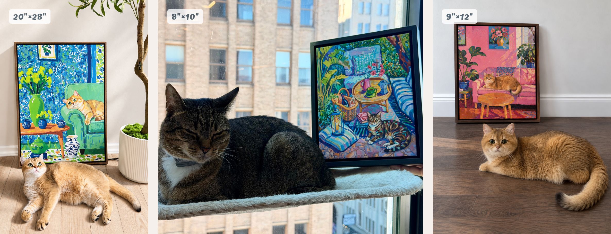 Three custom cat portrait size examples shown in real home settings. From left to right: a 20” × 28” framed portrait displayed beside a lounging cat, an 8” × 10” portrait next to a cat resting by a window, and a 9” × 12” portrait behind a golden cat lying on a wood floor.