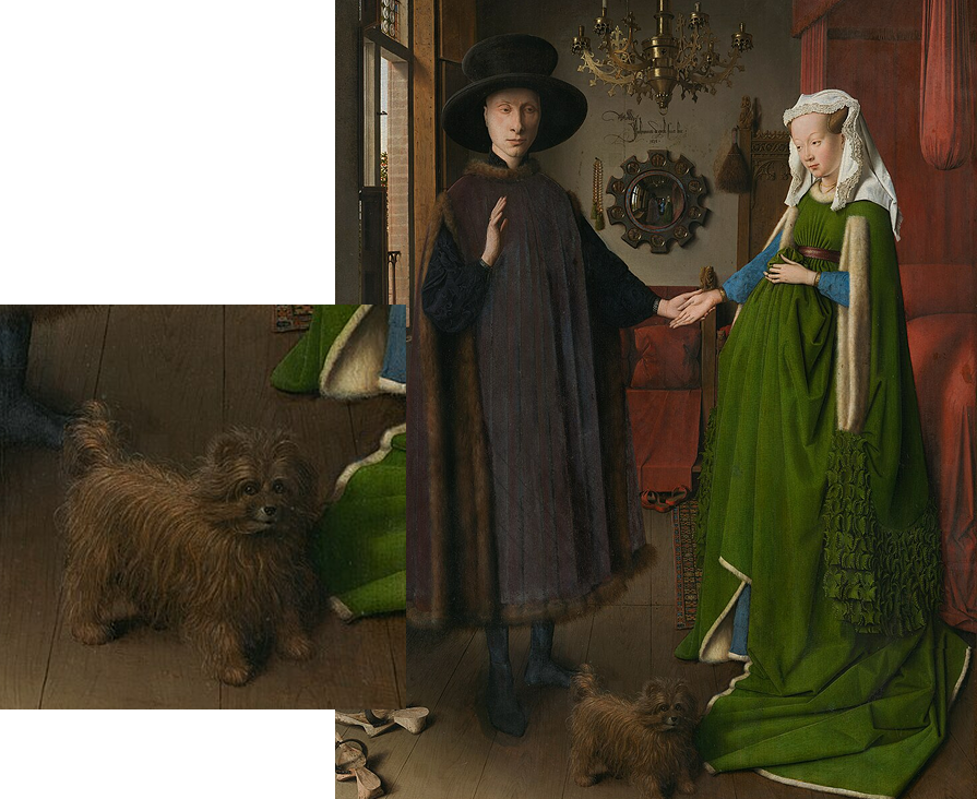 Jan van Eyck’s Arnolfini Portrait showing a couple standing in a room with a small dog at their feet.
