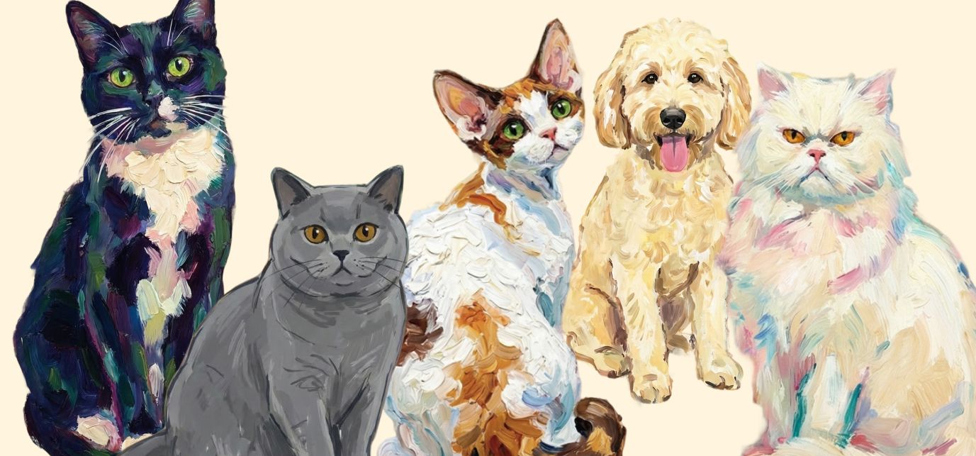 Five custom impressionist pet portraits side by side — two tuxedo cats, a British Shorthair, a calico cat, a goldendoodle, and a Persian cat, each rendered in expressive oil painting style