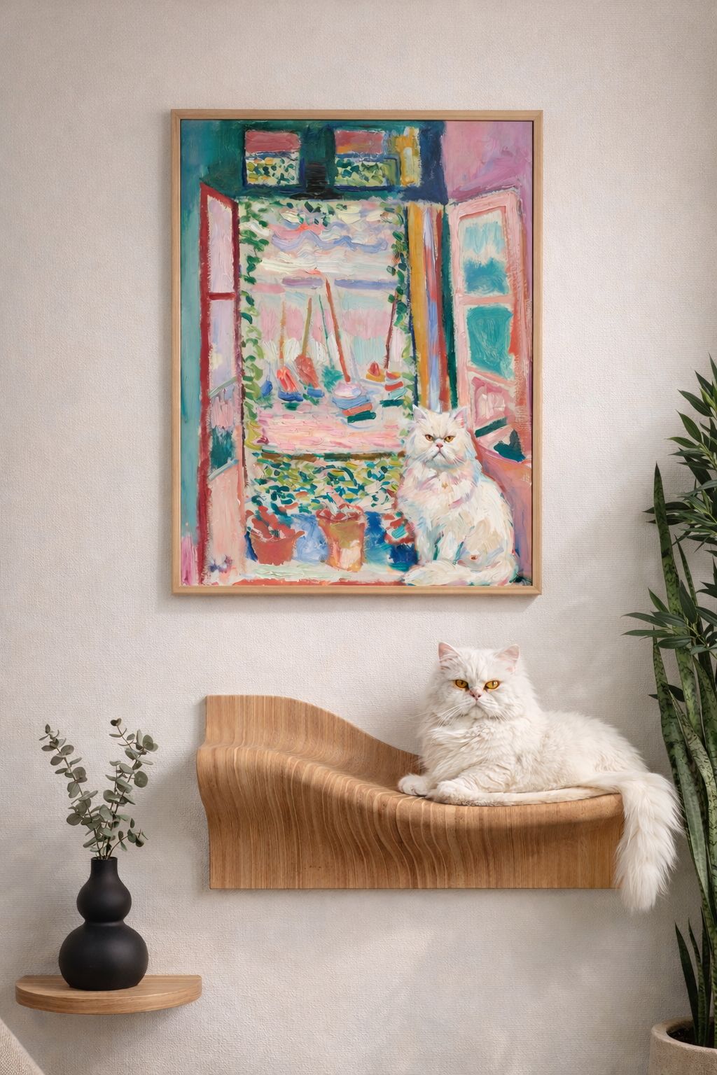minimalist cat wall shelf with framed cat artwork creating a modern cat lover wall decor