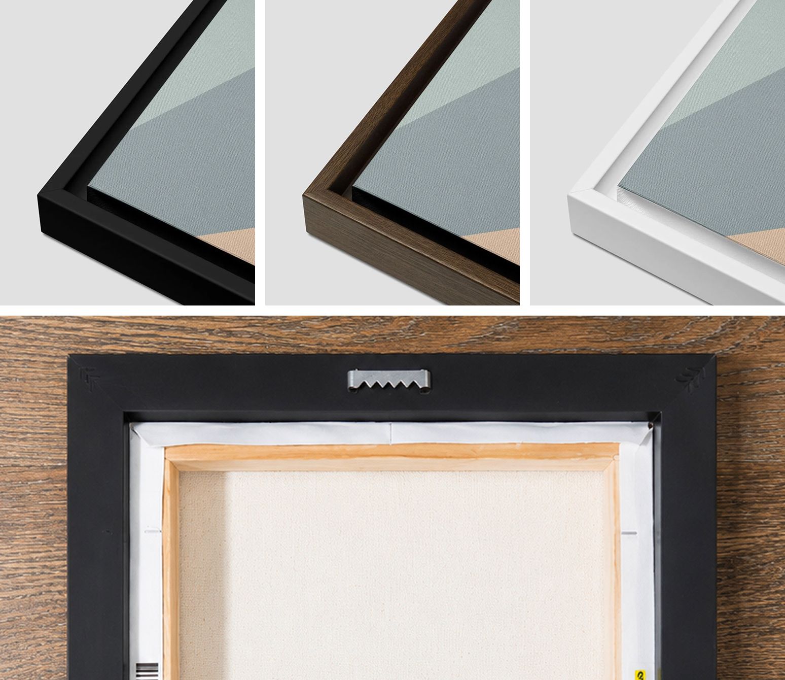 Framed canvas corner detail comparing black, walnut, and white frame color options for wall art
