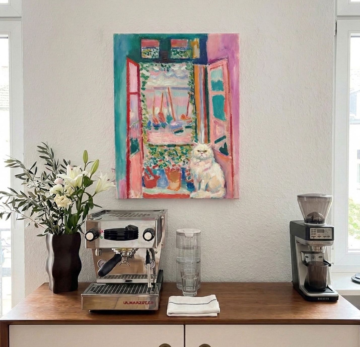 Custom cat oil painting portrait in Mediterranean style, sun-drenched warm colors, playful cat wall art, impressionist pet painting from photo