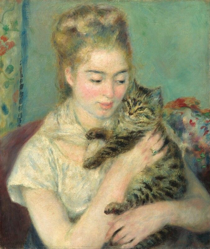 Pierre-Auguste Renoir’s Woman with a Cat, showing a woman gently holding a striped cat in her arms.