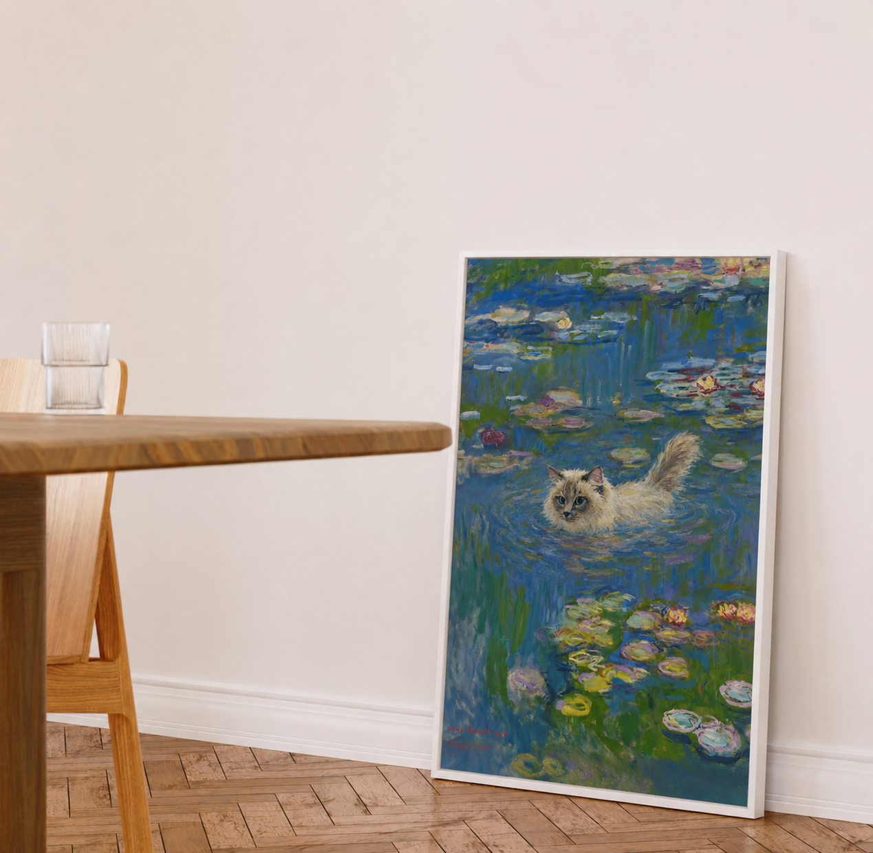 Water Lilies framed cat artwork leaned against the wall on the floor beside a dining table