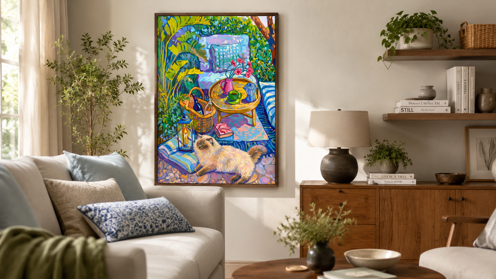 Afternoon Garden framed cat artwork hung as living room wall art above a wood console with books and plants
