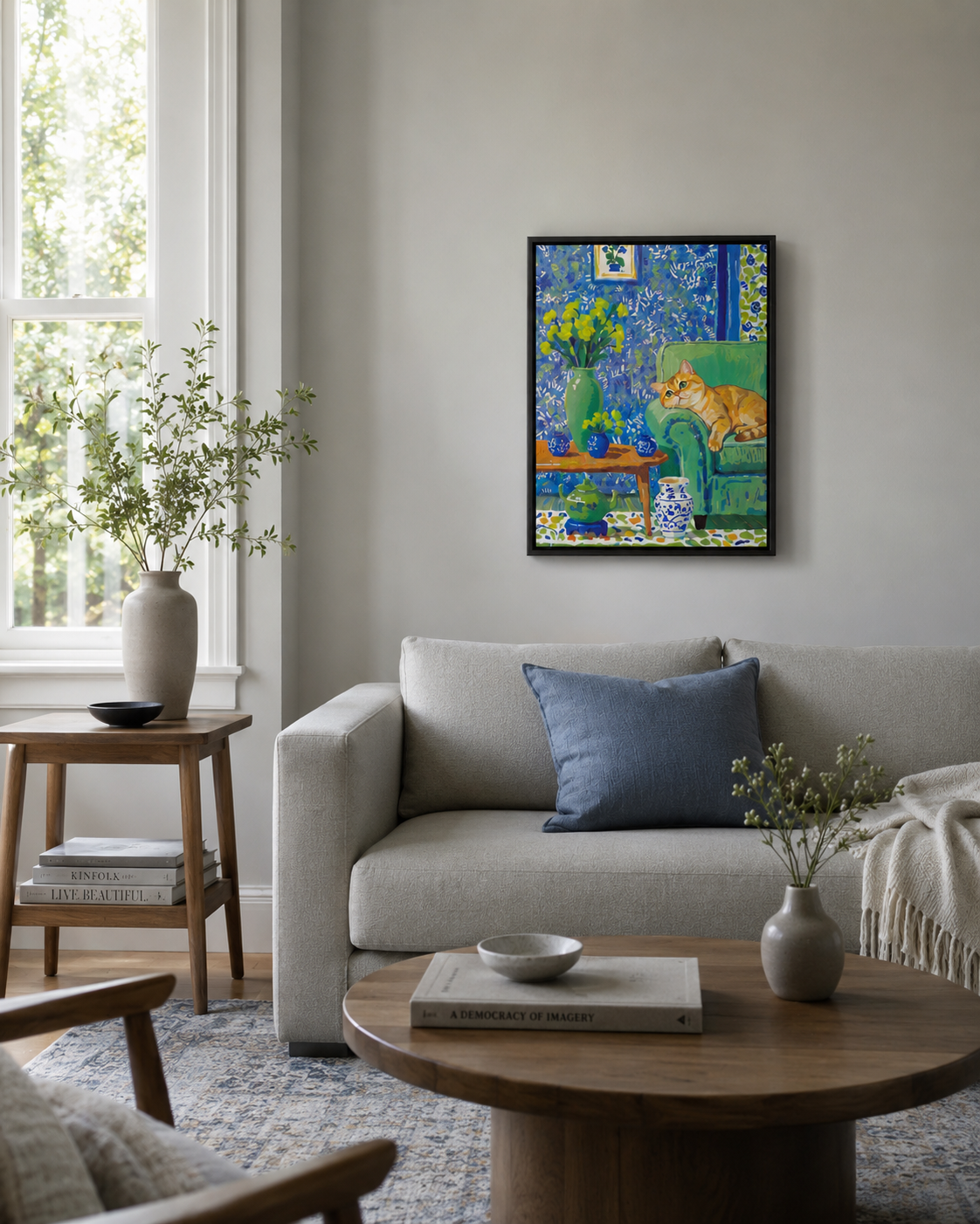 The Art of Doing Nothing framed cat artwork hung as living room wall art above a gray sofa