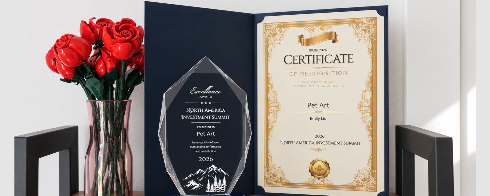 Pet Art Excellence Award and Certificate of Recognition from the 2026 North America Investment Summit, recognizing the custom pet artwork brand in 2026.
