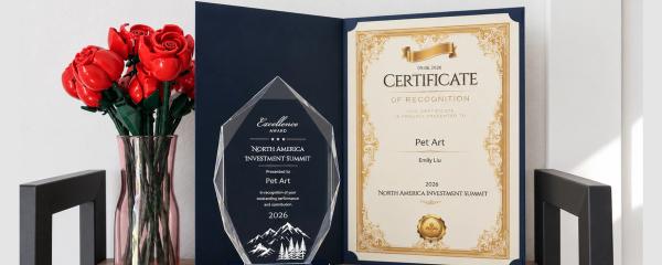 Pet Art Excellence Award and Certificate of Recognition from the 2026 North America Investment Summit, recognizing the custom pet artwork brand in 2026.