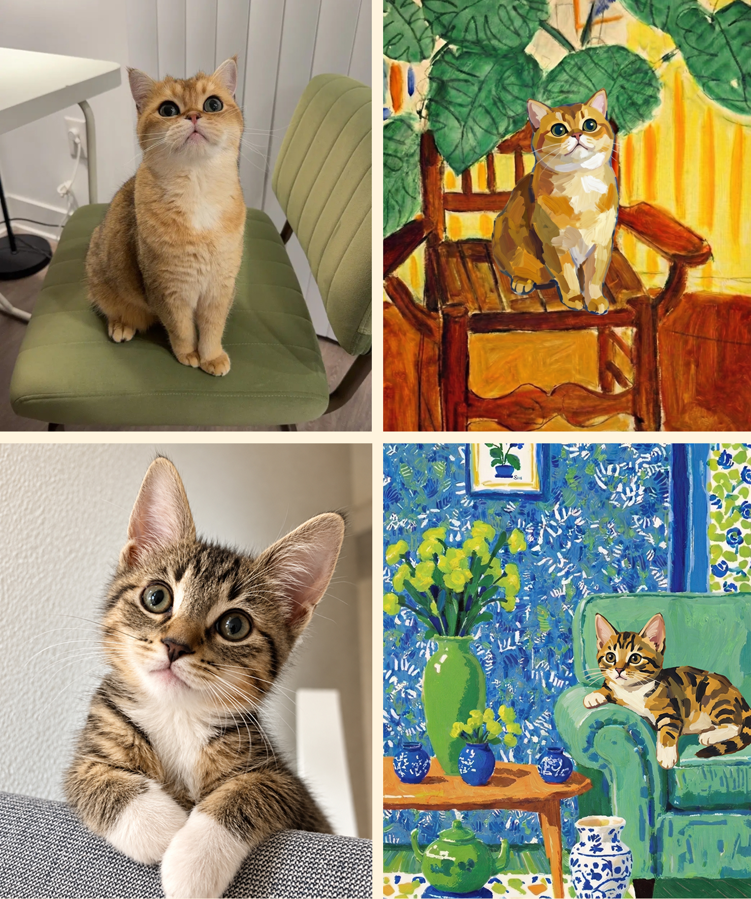 Two side-by-side before-and-after examples of custom cat portraits. Each row pairs a real cat reference photo with a colorful, painterly portrait inspired by the cat’s appearance and pose. The top features a golden cat sitting upright beside a warm tropical chair scene, while the bottom shows a tabby kitten transformed into a vibrant blue-and-green interior painting.