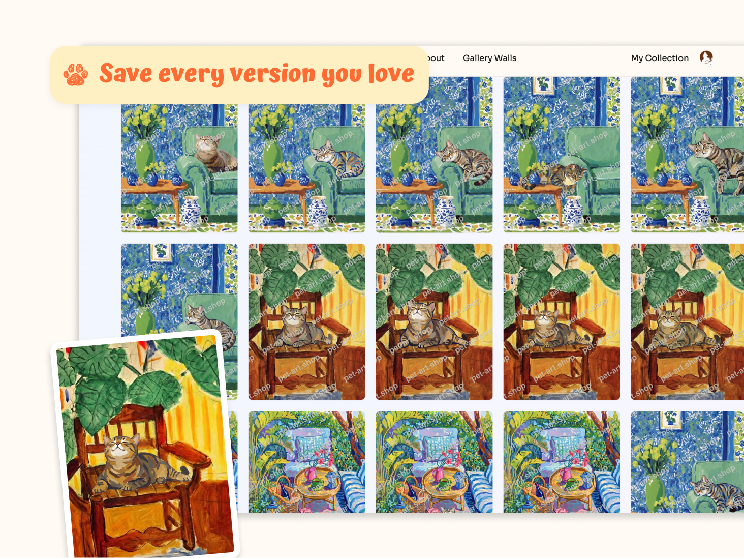Multiple custom cat portrait variations showing different poses and art styles created from a cat photo.