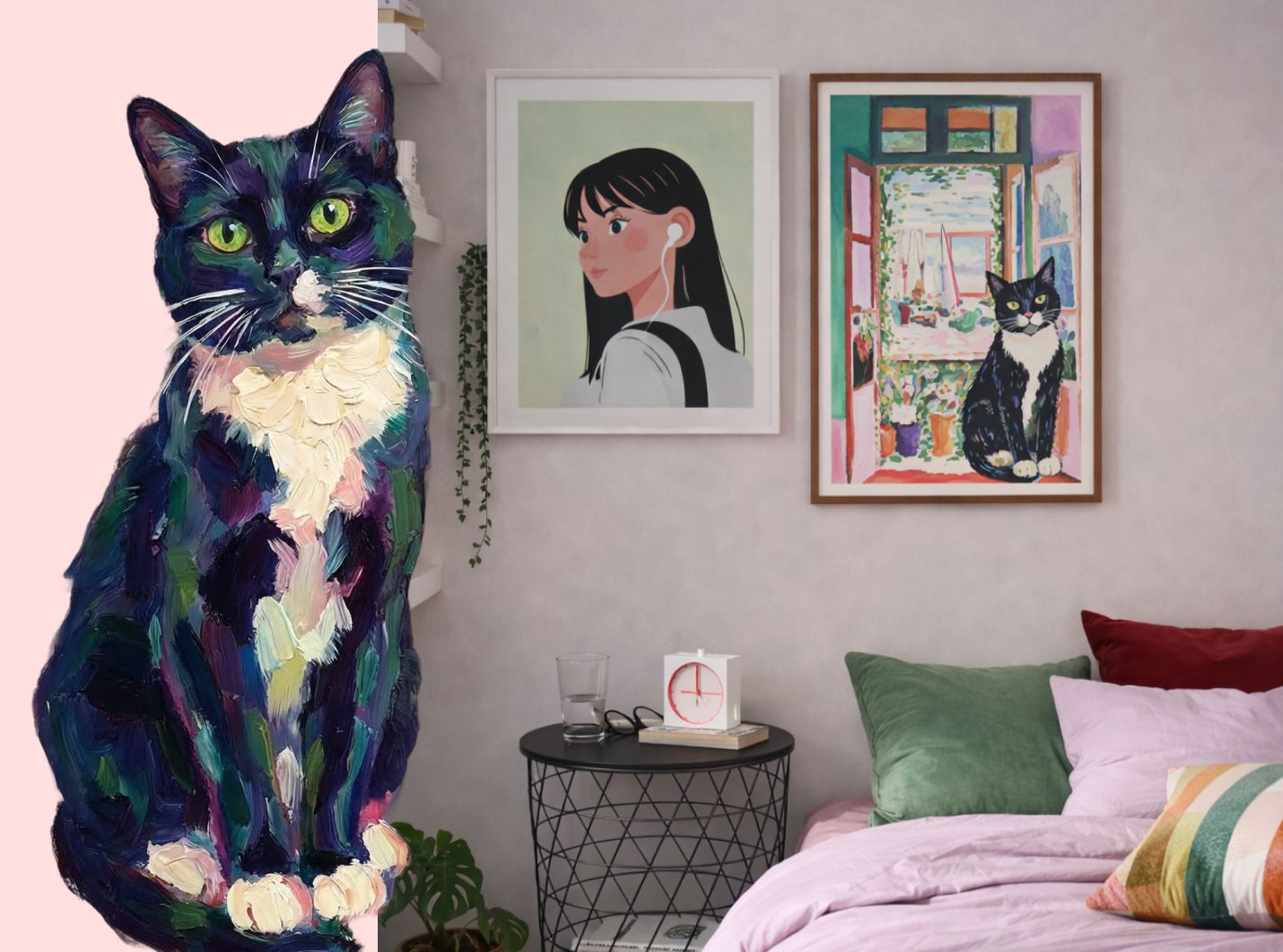 A tuxedo cat's custom impressionist portrait hung in a bedroom alongside wall art — the painting shows the cat seated before an open window in bold greens and pinks