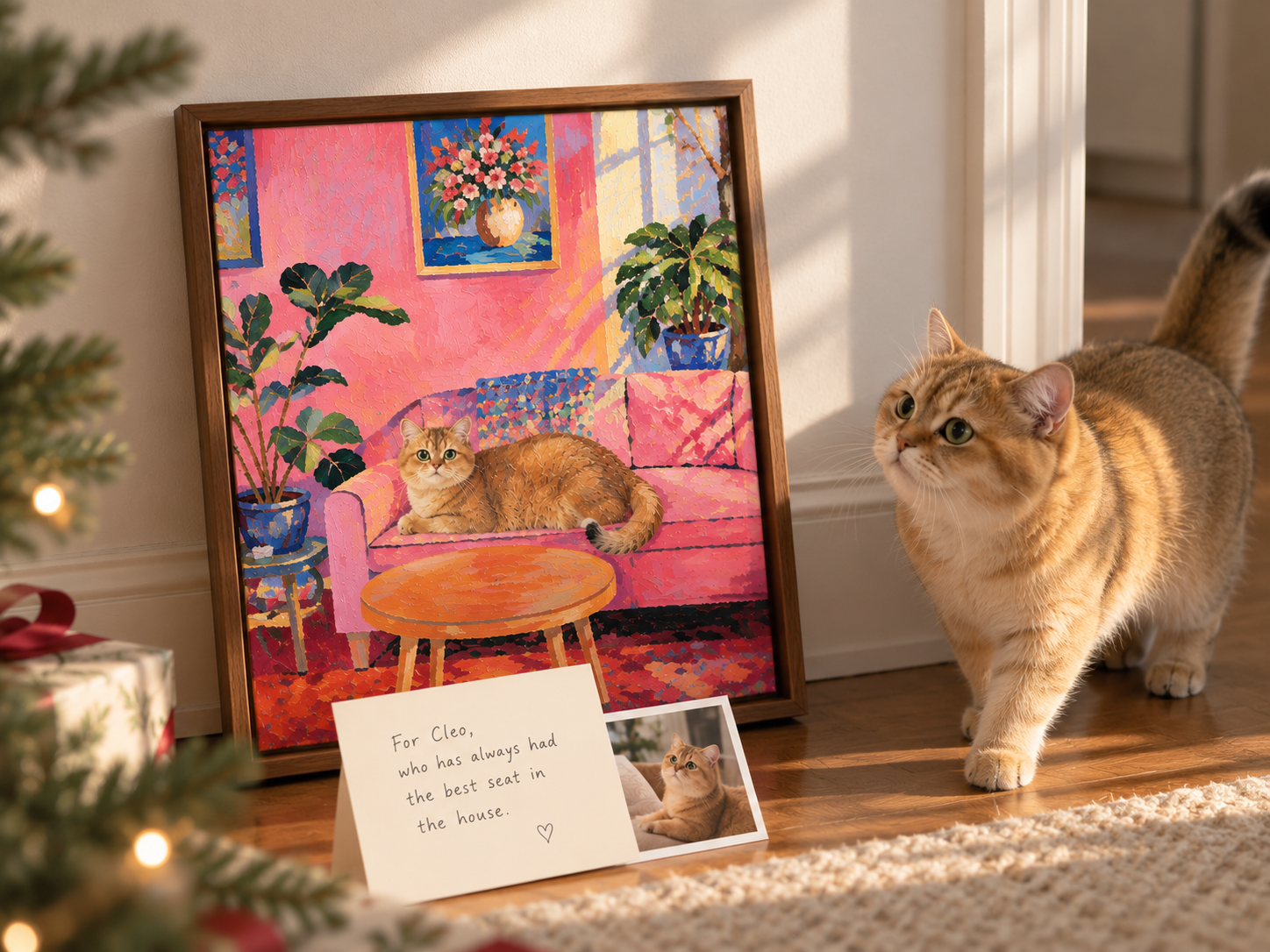 A golden cat walks through warm afternoon light beside a framed custom portrait of the cat lounging on a pink sofa. A handwritten gift note and reference photo sit nearby, with subtle holiday greenery and wrapped gifts completing the cozy scene.