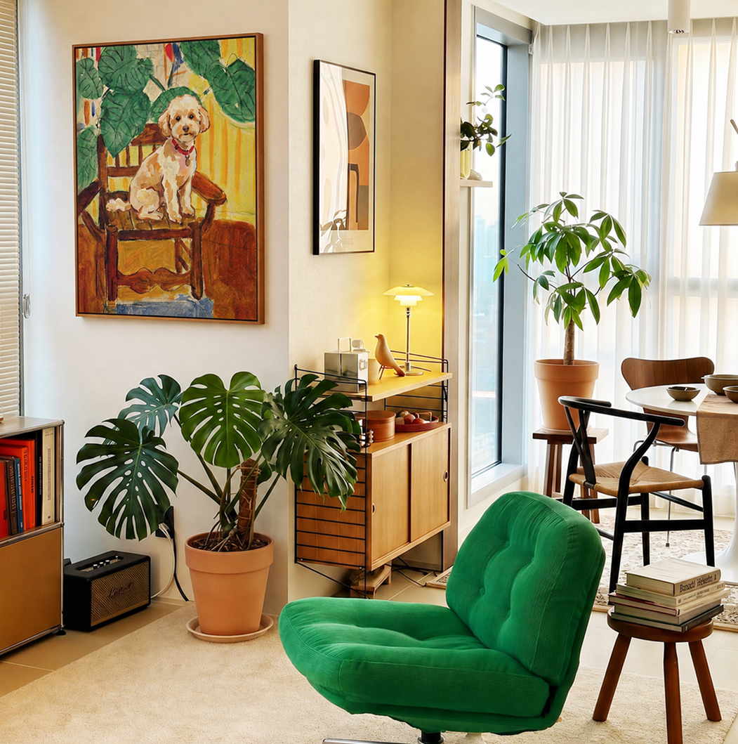 Custom impressionist dog portrait displayed as wall art in a warm modern living room