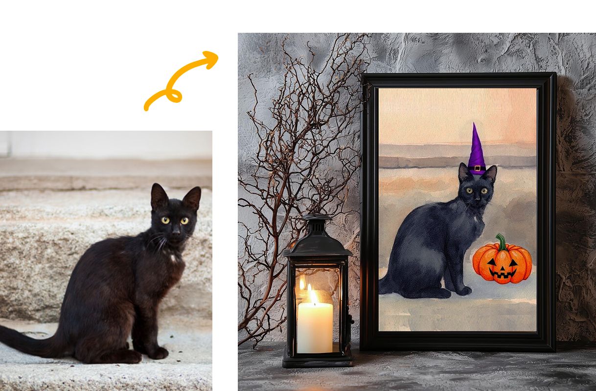 watercolor portraits, cat portrait, cat pumpkin painting, halloween black cat, halloween cat decor
