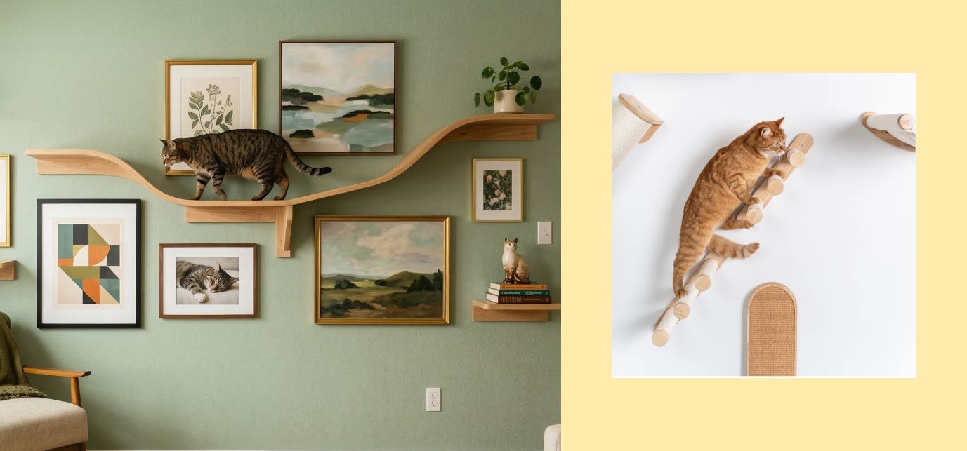 modern cat wall shelf mounted in minimalist living room