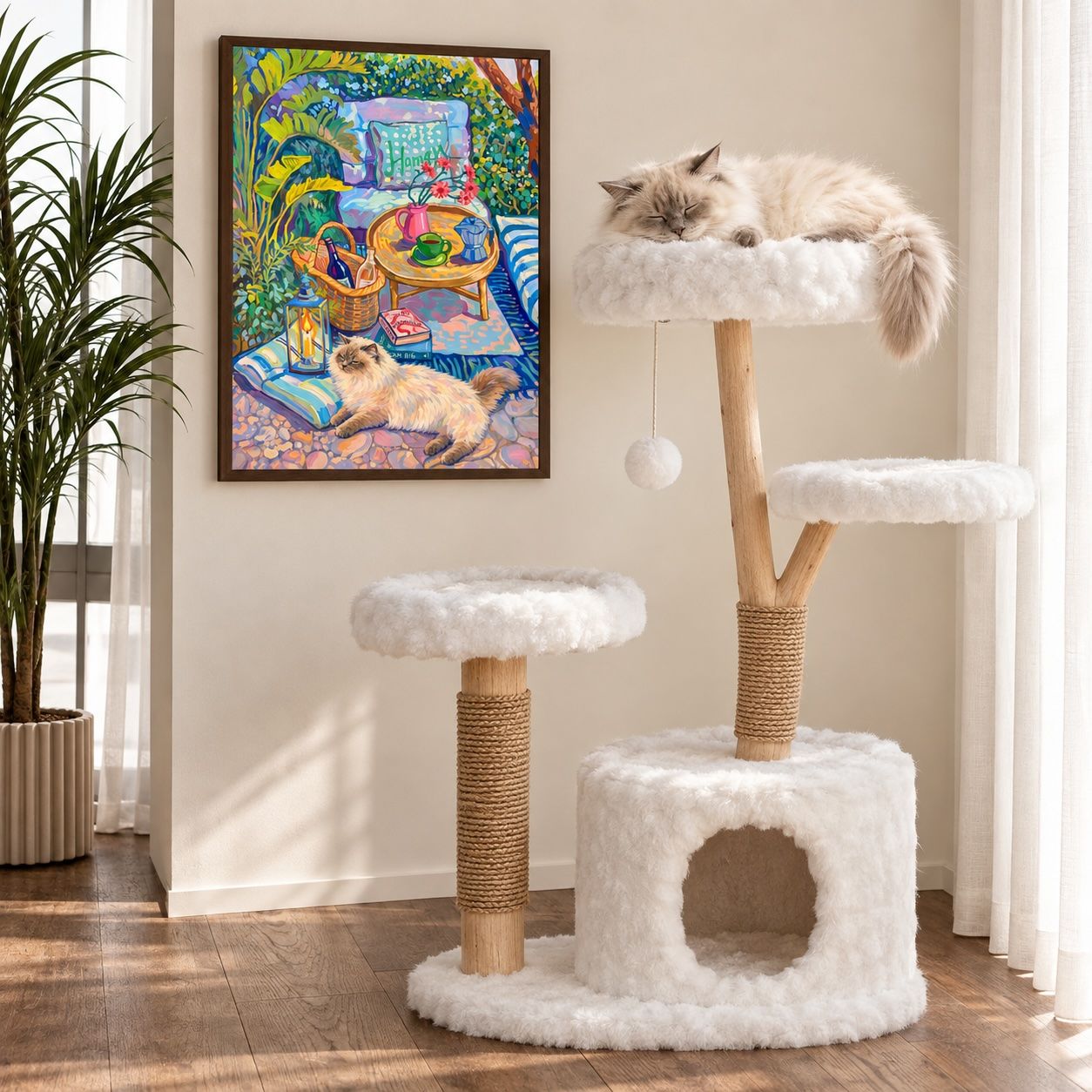 Fluffy cat sleeping on a cat tree beside a framed custom cat portrait in a colorful garden scene.
