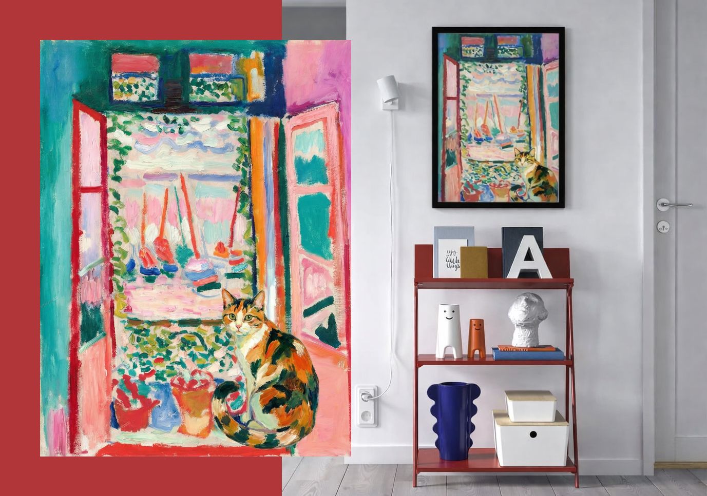 Open Balcony impressionist cat portrait in Mediterranean pink and teal tones displayed next to the original painting and hung above a rust-red shelf unit in a minimal interior