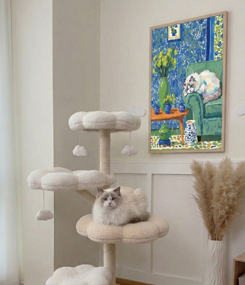 Elegant custom cat portrait in chinoiserie style, cool blue and green tones, regal cat oil painting, impressionist pet portrait wall art