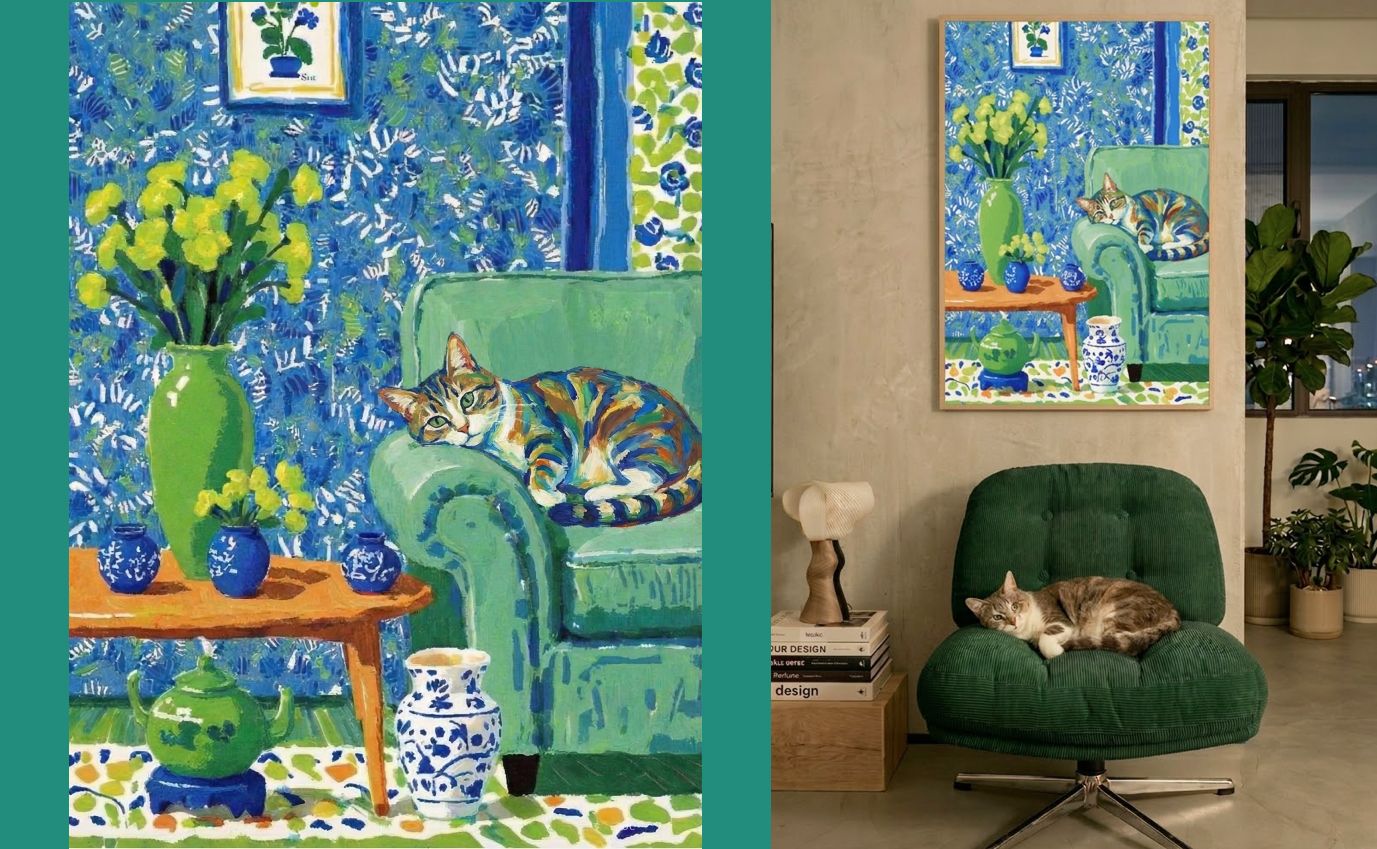 Elegant custom cat portrait in chinoiserie style, cool blue and green tones, regal cat oil painting, impressionist pet portrait wall art