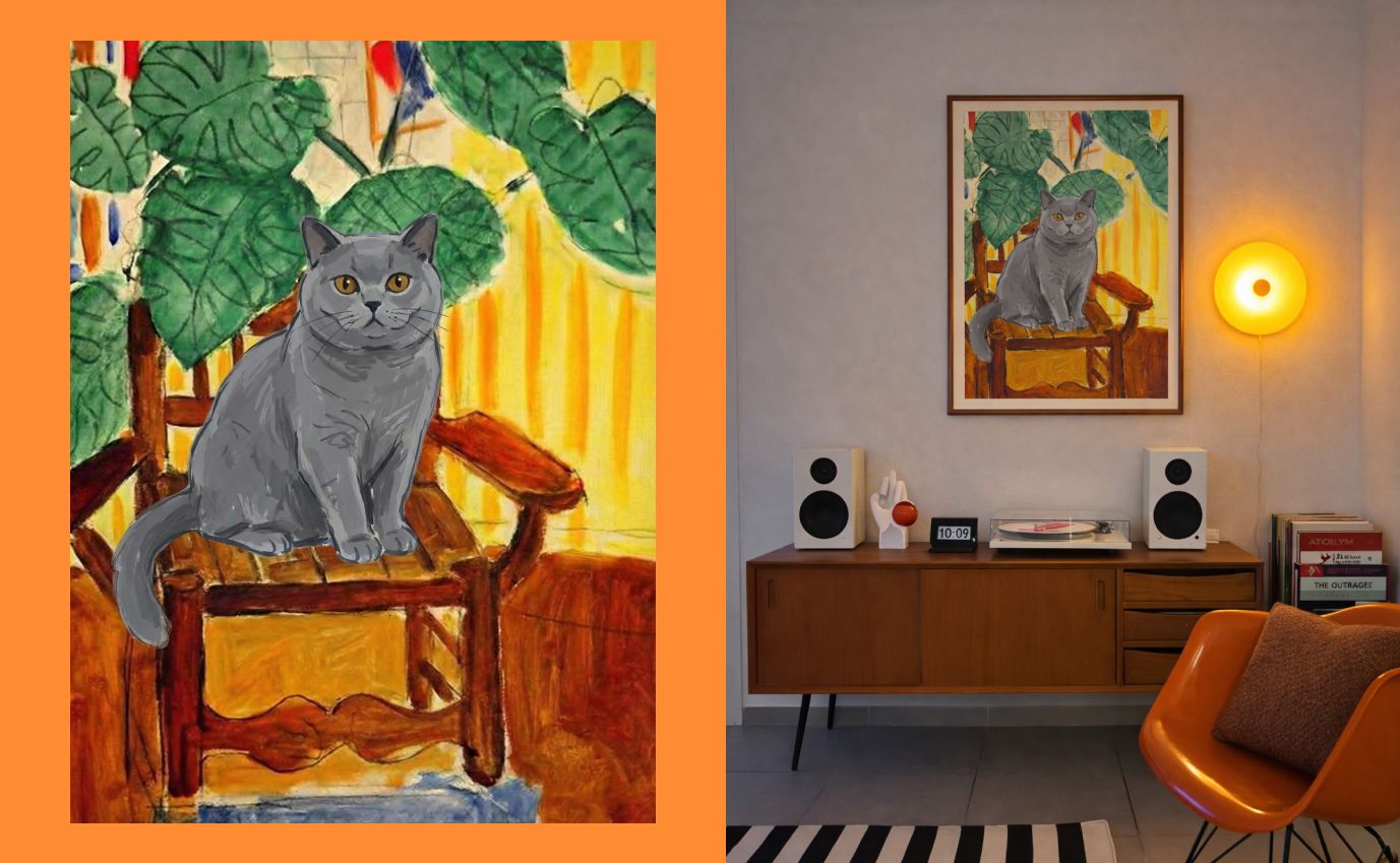 Custom cat oil painting portrait in warm botanical style, golden tones, cat sitting in velvet chair surrounded by plants, impressionist pet art